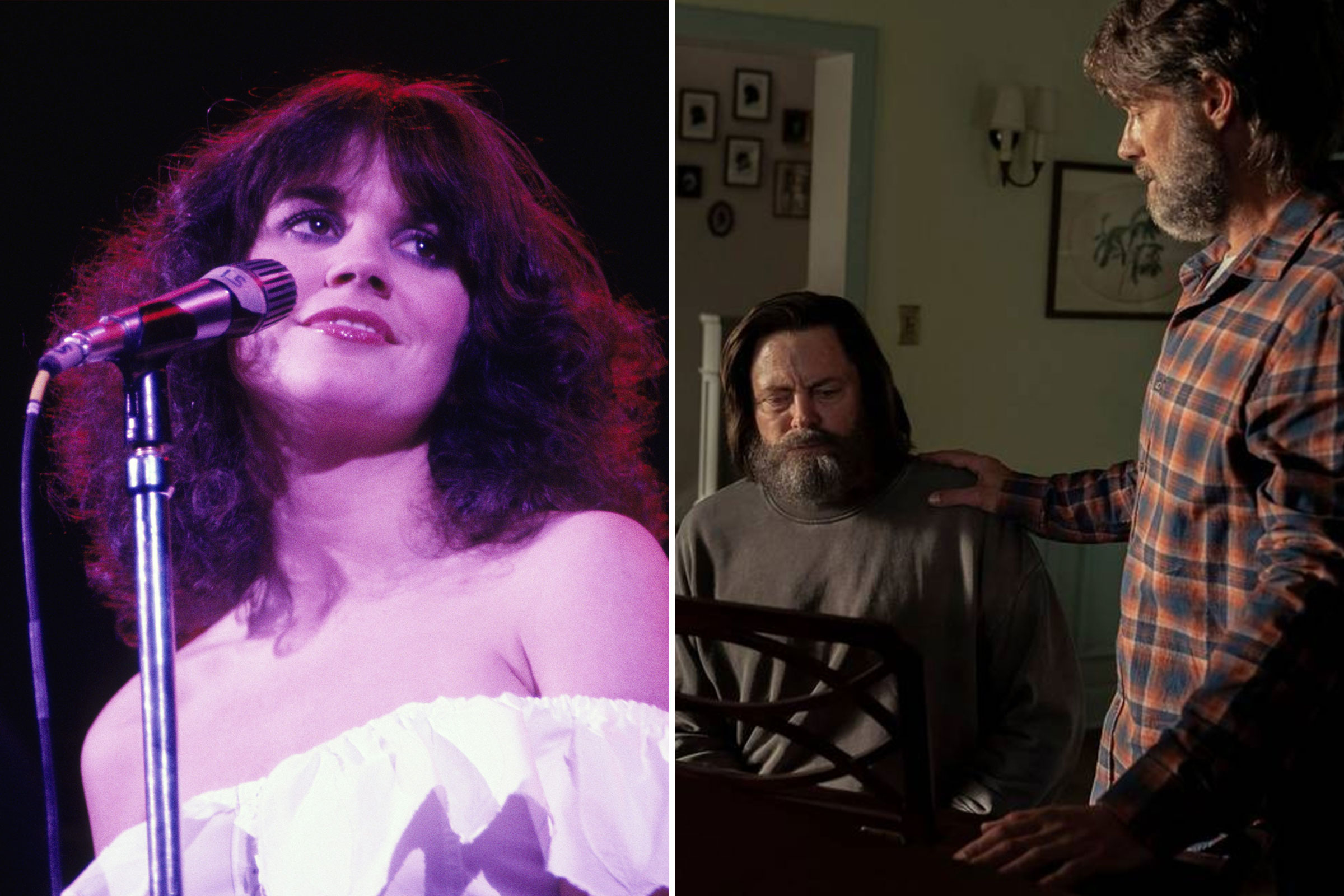 Linda Ronstadt ca. 1970; Nick Offerman and Murray Bartlett in <em>The Last of Us</em> (Richard E. Aaron—Redferns/Getty Images; HBO)