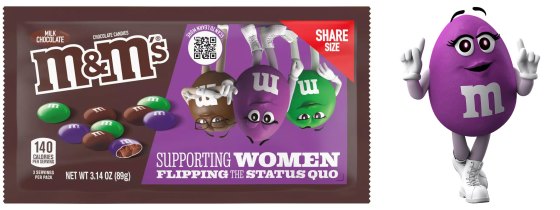 M&Mâs bag reading âsupporting women / flipping the status quoâ and purple M&Mâs character