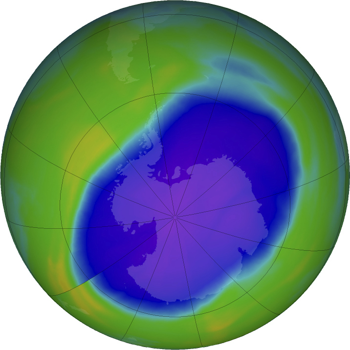 In this NASA false-color image, the blue and purple shows the hole in Earth's protective ozone layer over Antarctica on Oct. 5, 2022. Earth’s protective ozone layer is slowly but noticeably healing at a pace that would fully mend the hole over Antarctica in about 43 years, a new United Nations report says. (NASA—AP)