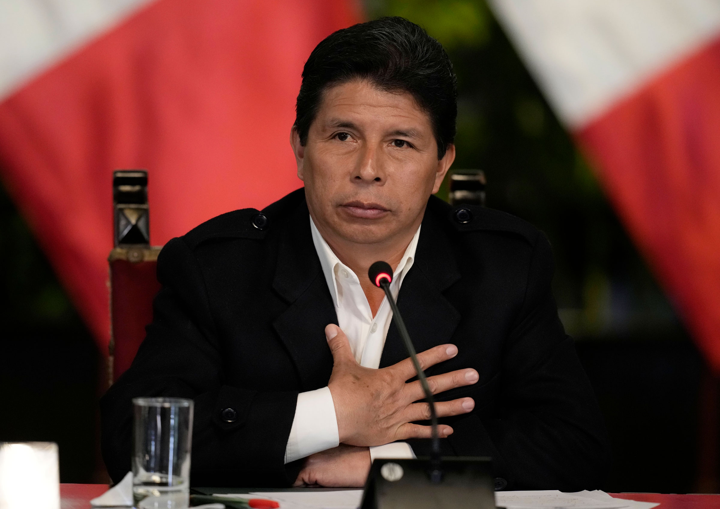 Peruvian President Pedro Castillo gives a press conference at the presidential palace in Lima