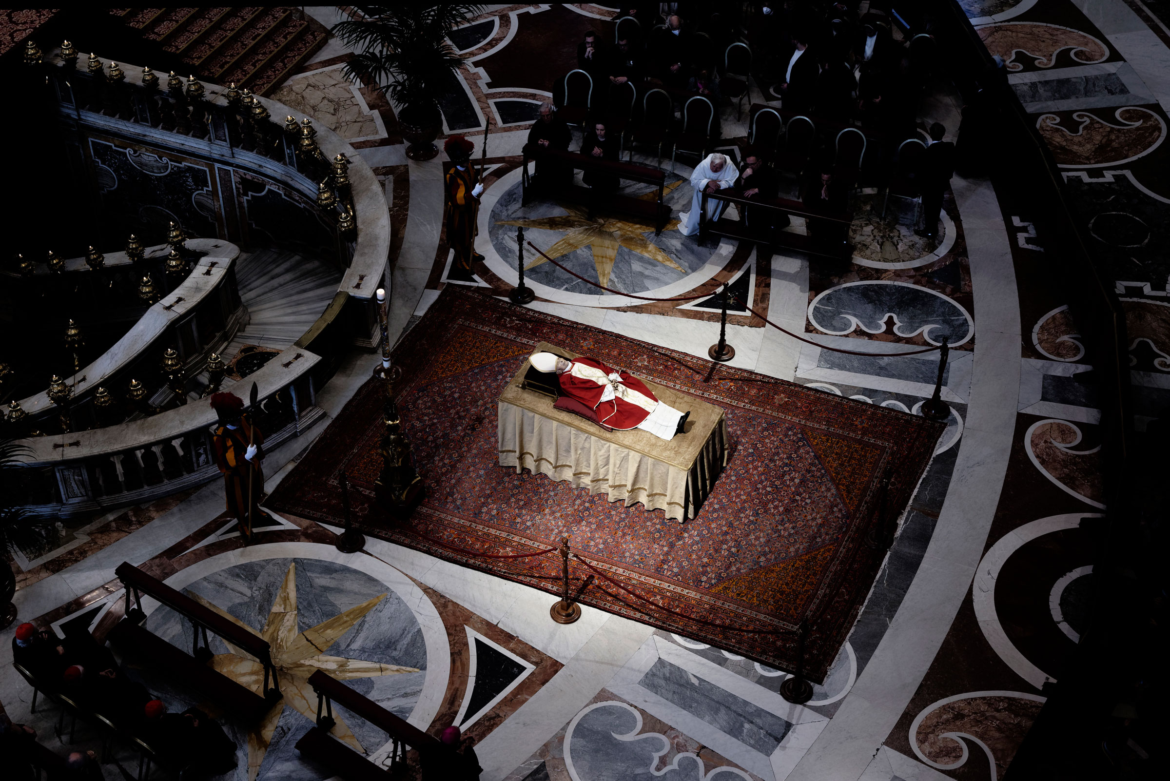 The body of Pope Emeritus Benedict XVI lies in state at St. Peter’s Basilica on Jan. 4, 2023 in Vatican City.