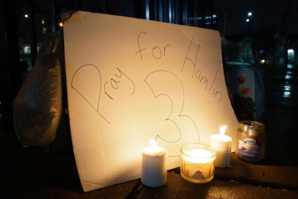 A vigil is displayed at the University of Cincinnati Medical Center for football player Damar Hamlin of the Buffalo Bills. (Dylan Buell—Getty Images)