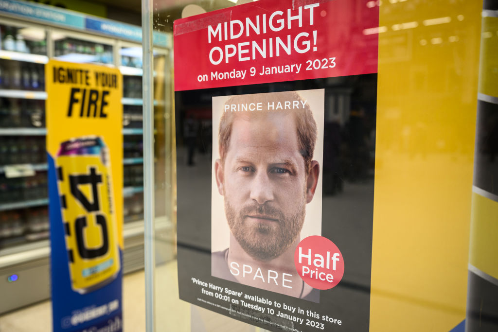 A poster advertising the launch of Prince Harry's memoir "Spare" is seen in a store window on January 06, 2023 in London. (Leon Neal/Getty Images)