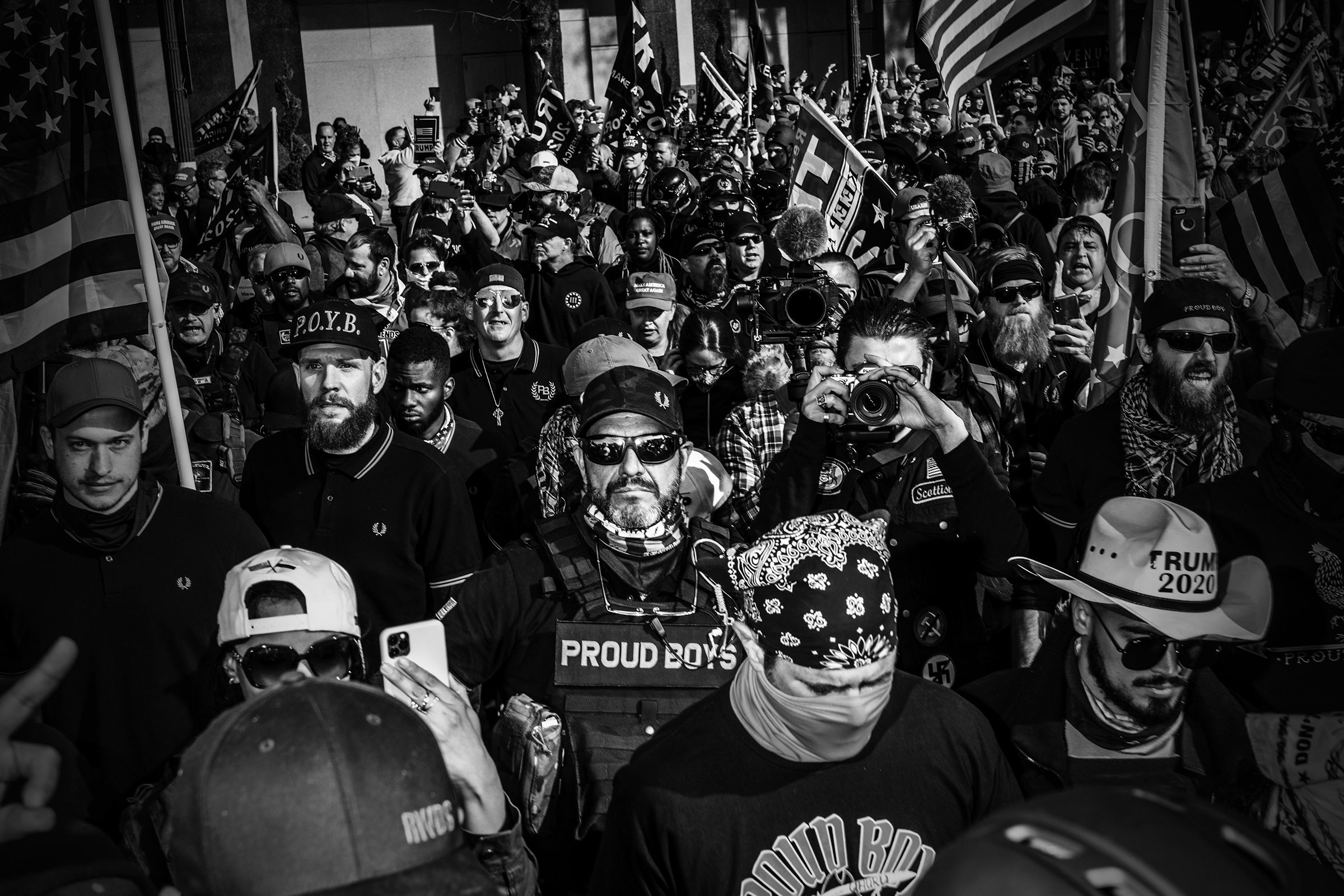 Proud Boys, led by their chairman Enrique Tarrio, gather and march on the morning of the Million MAGA March, in Washington, on Nov. 14, 2020. (Mark Peterson—Redux)