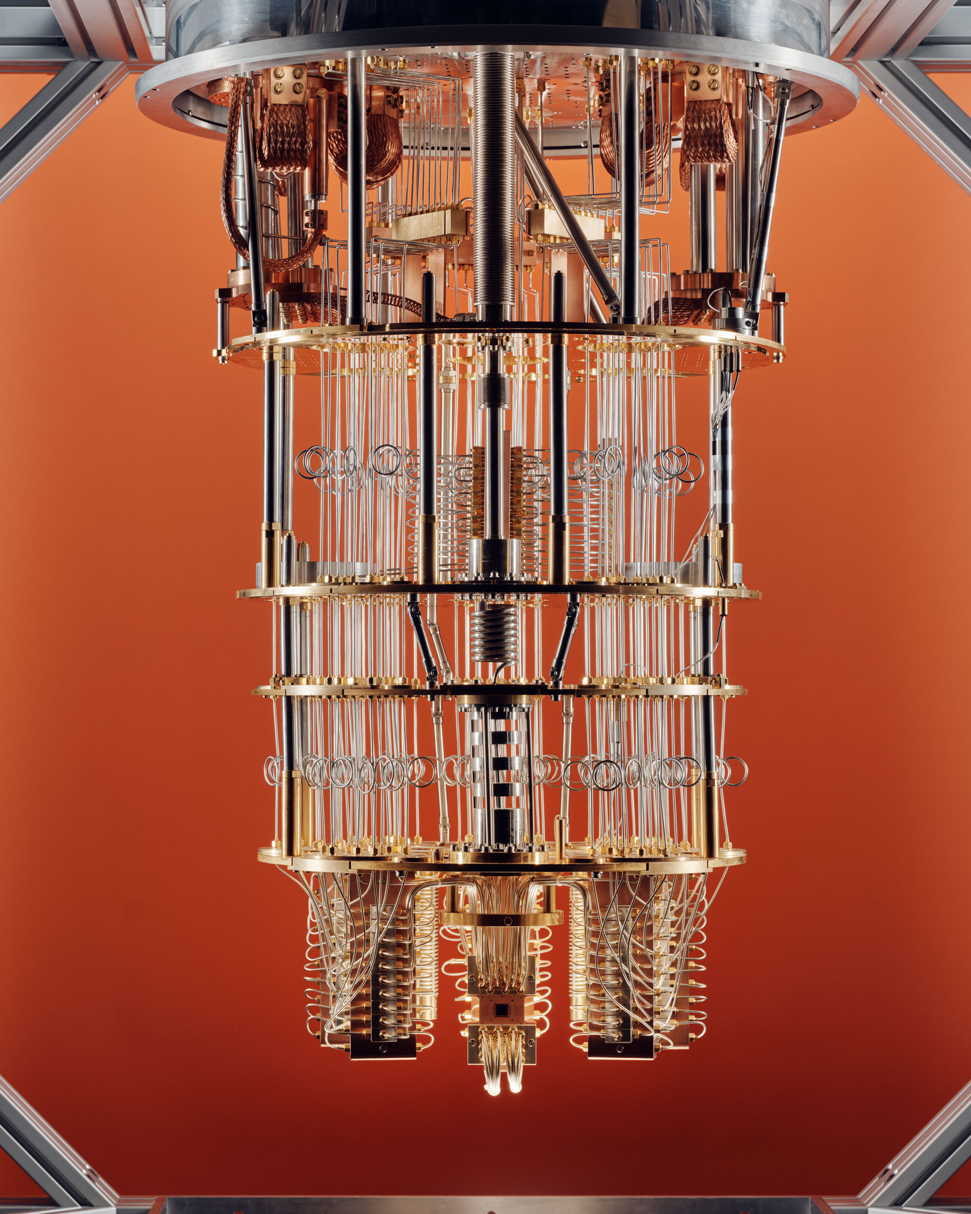 The full “chandelier” inside a quantum computer. (Thomas Prior for TIME)