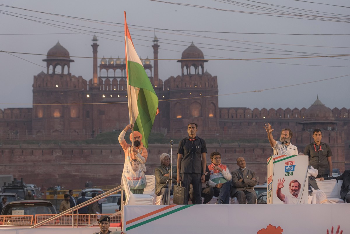 Rahul Gandhi addresses his supporters in front of Red Fort during the Bharat Jodo Yatra, or the Unite India March
