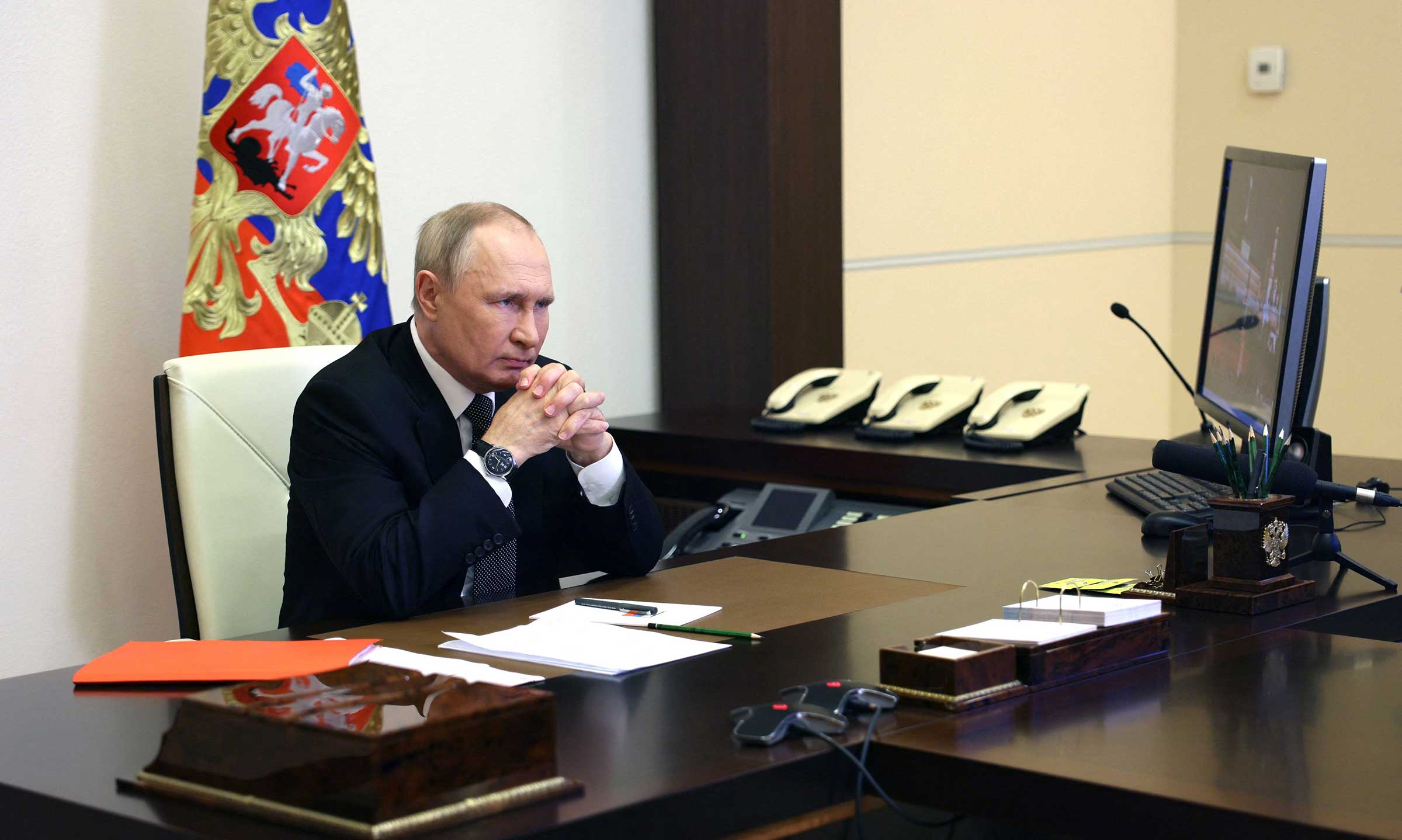 Russian President Vladimir Putin chairs a Security Council meeting via a video link at the Novo-Ogaryovo state residence outside Moscow on October 19, 2022. (Sergei Ilyin—Sputnik/AFP/Getty Images)