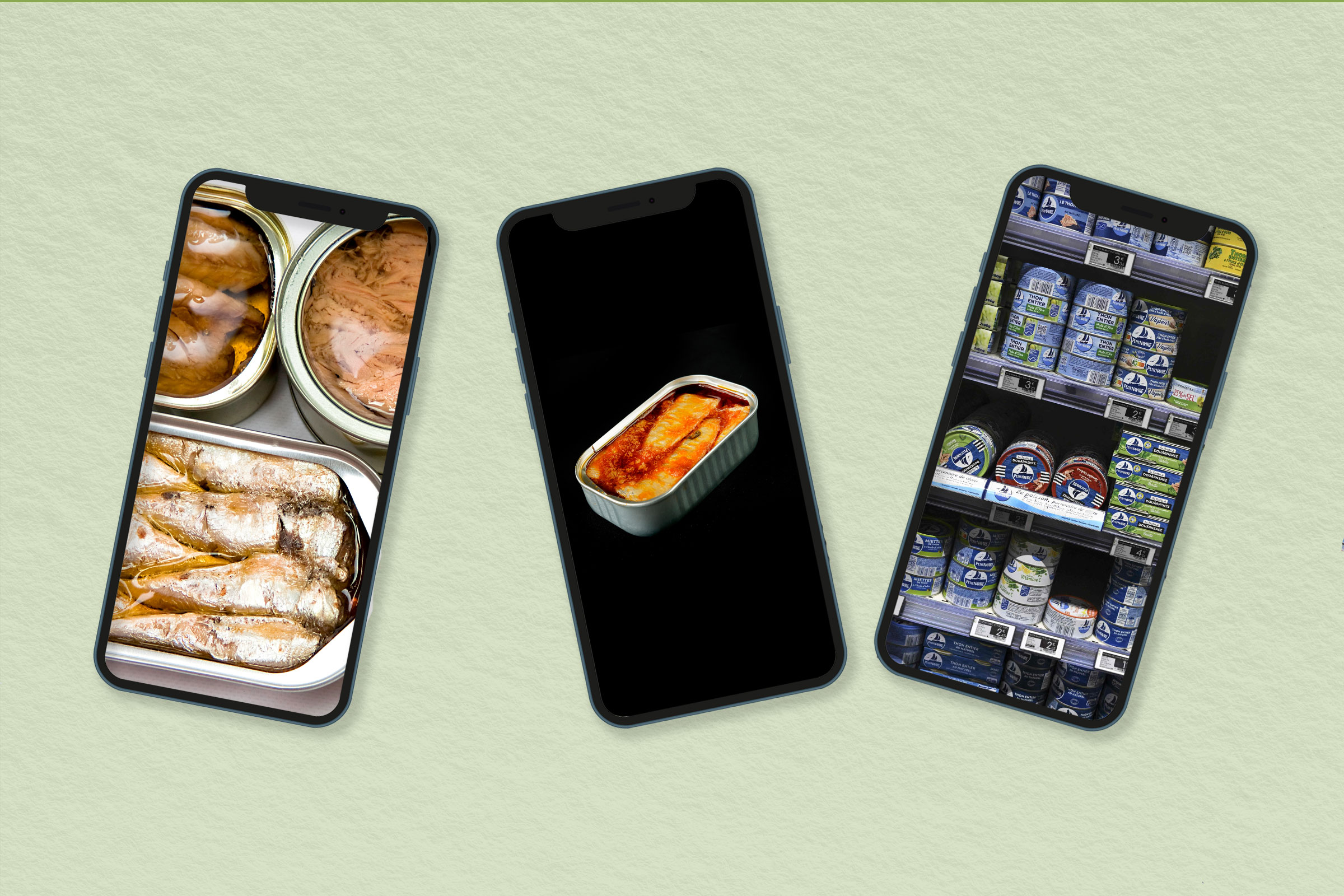 Three phones with photos of tinned fish on them