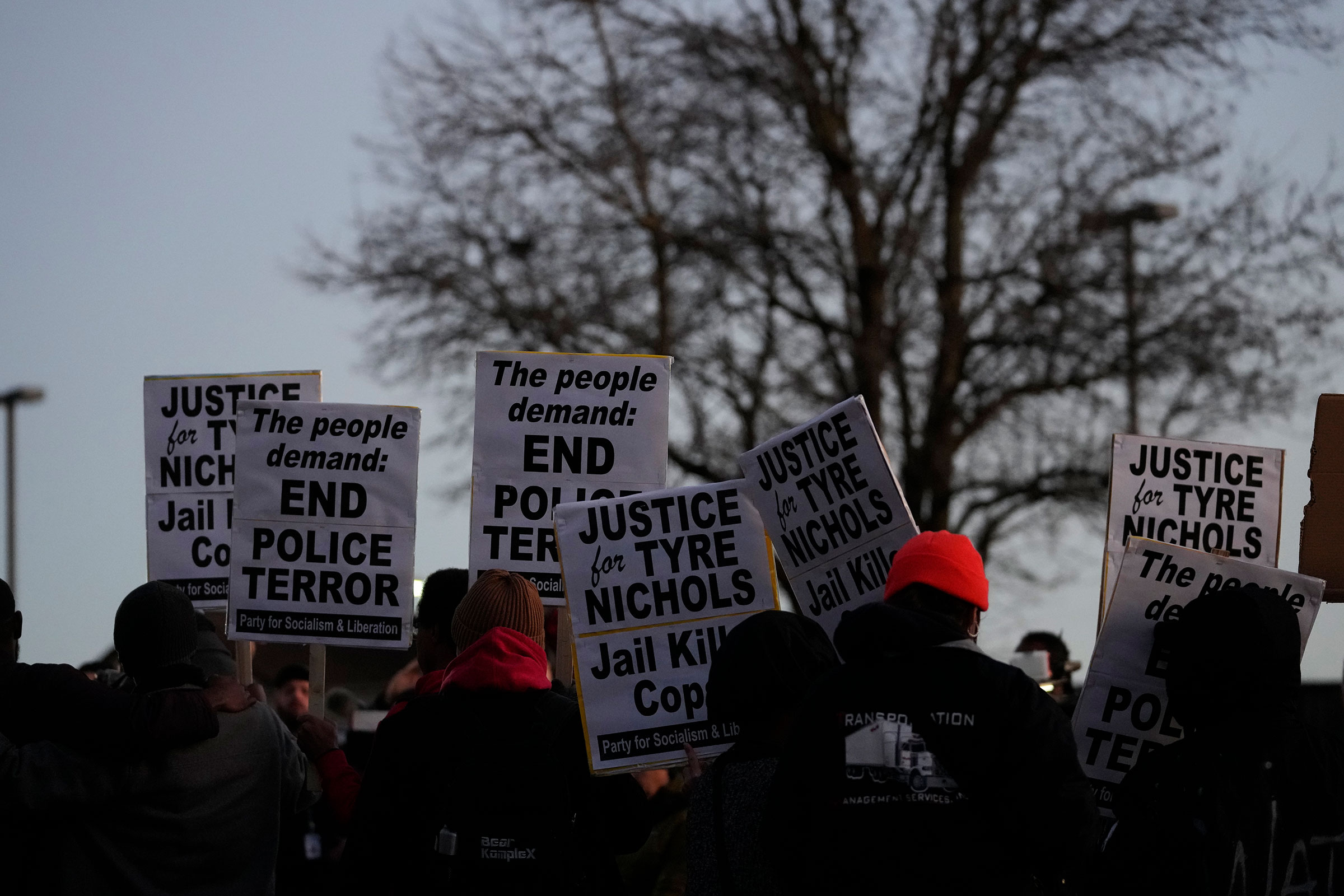 Protesters gather in Memphis, Tenn., as authorities are set to release police video depicting five Memphis officers beating Tyre Nichols, whose death resulted in murder charges and provoked outrage at the country's latest instance of police brutality, on Jan. 27, 2023.