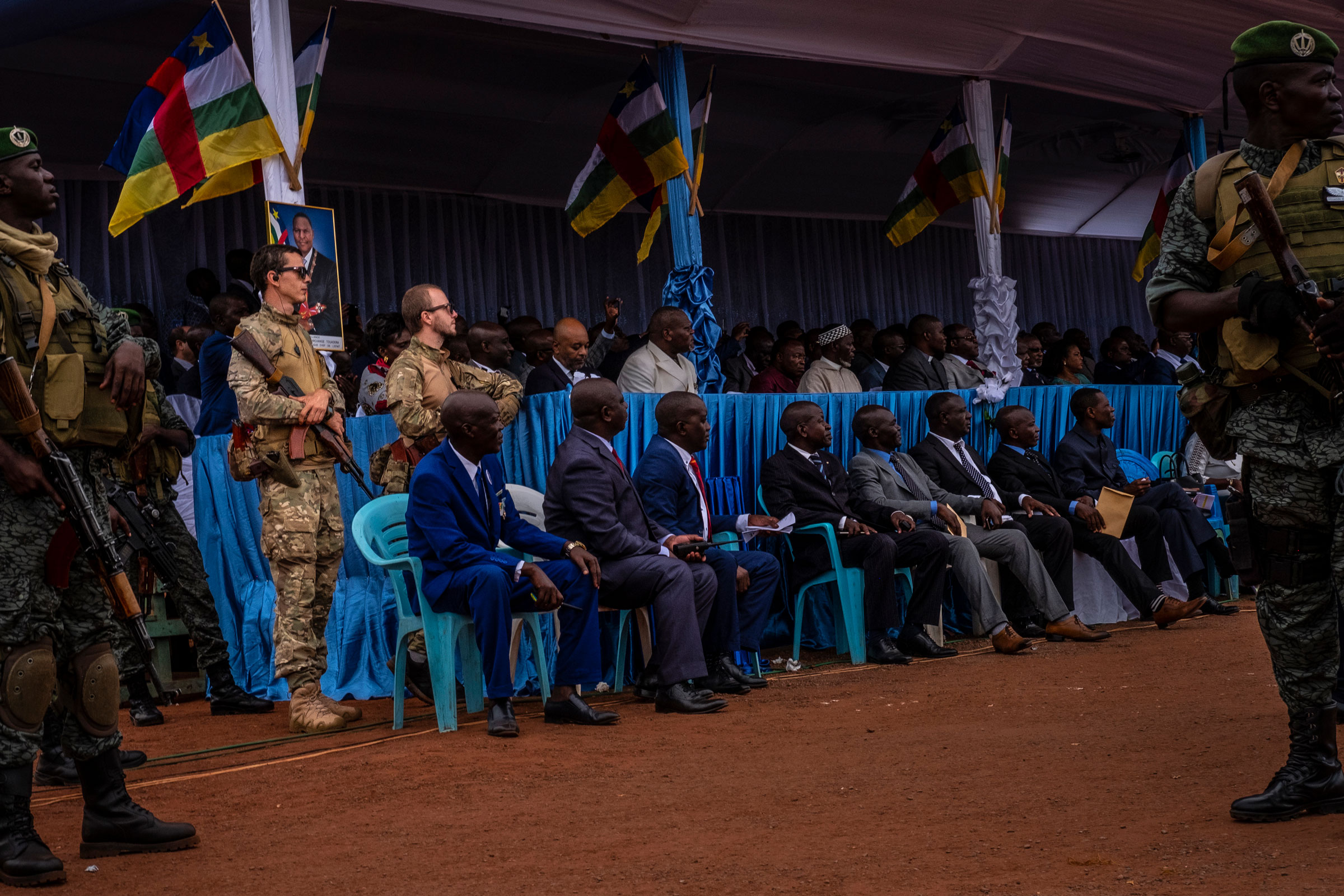 Russian mercenaries from the Wagner Group guard the VIP stand that the president sits in during Labour Day celebrations in Bangui, Central African Republic