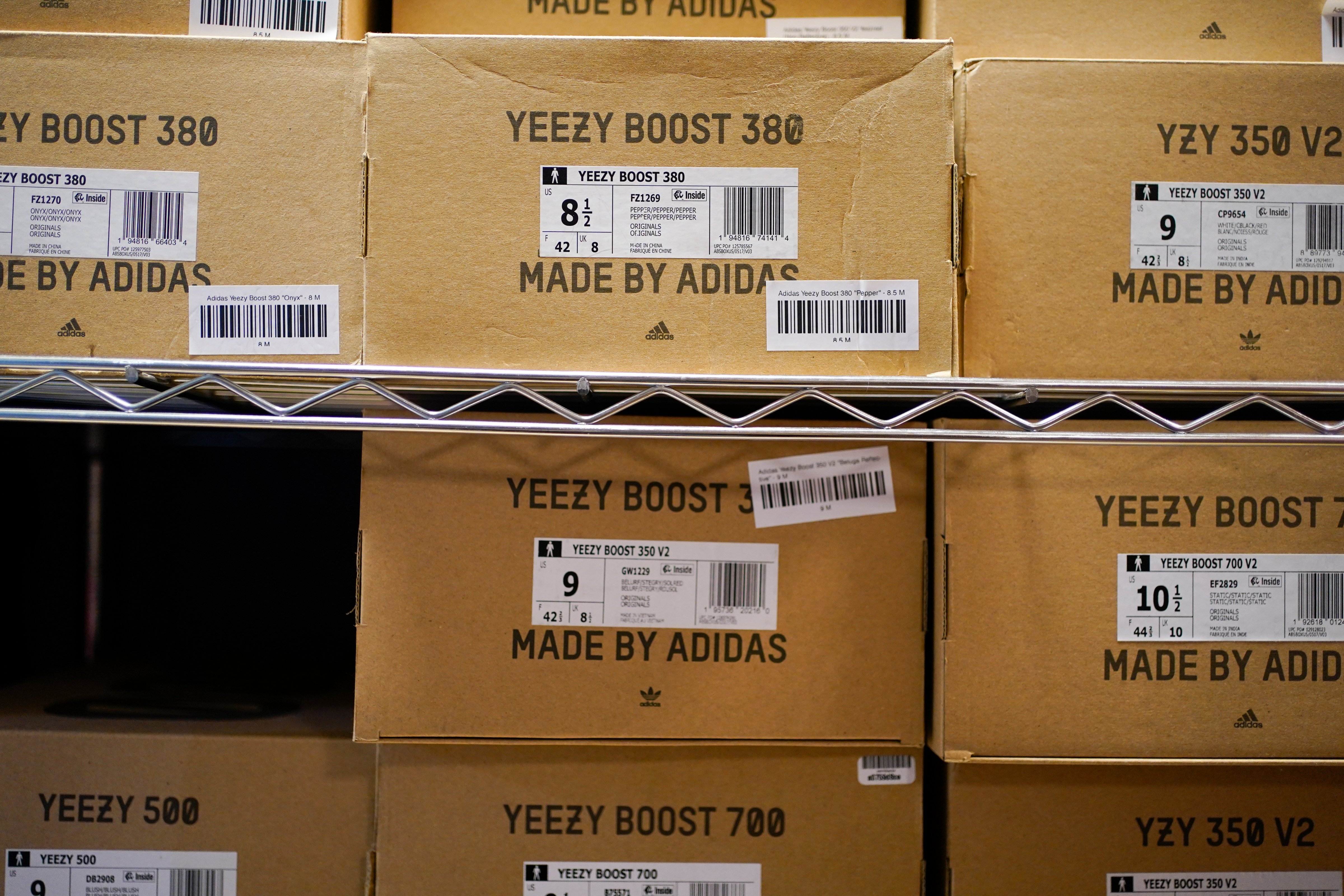Boxes containing Yeezy shoes made by Adidas are seen at a sneaker store in New Jersey in October 2022. (Seth Wenig—AP)