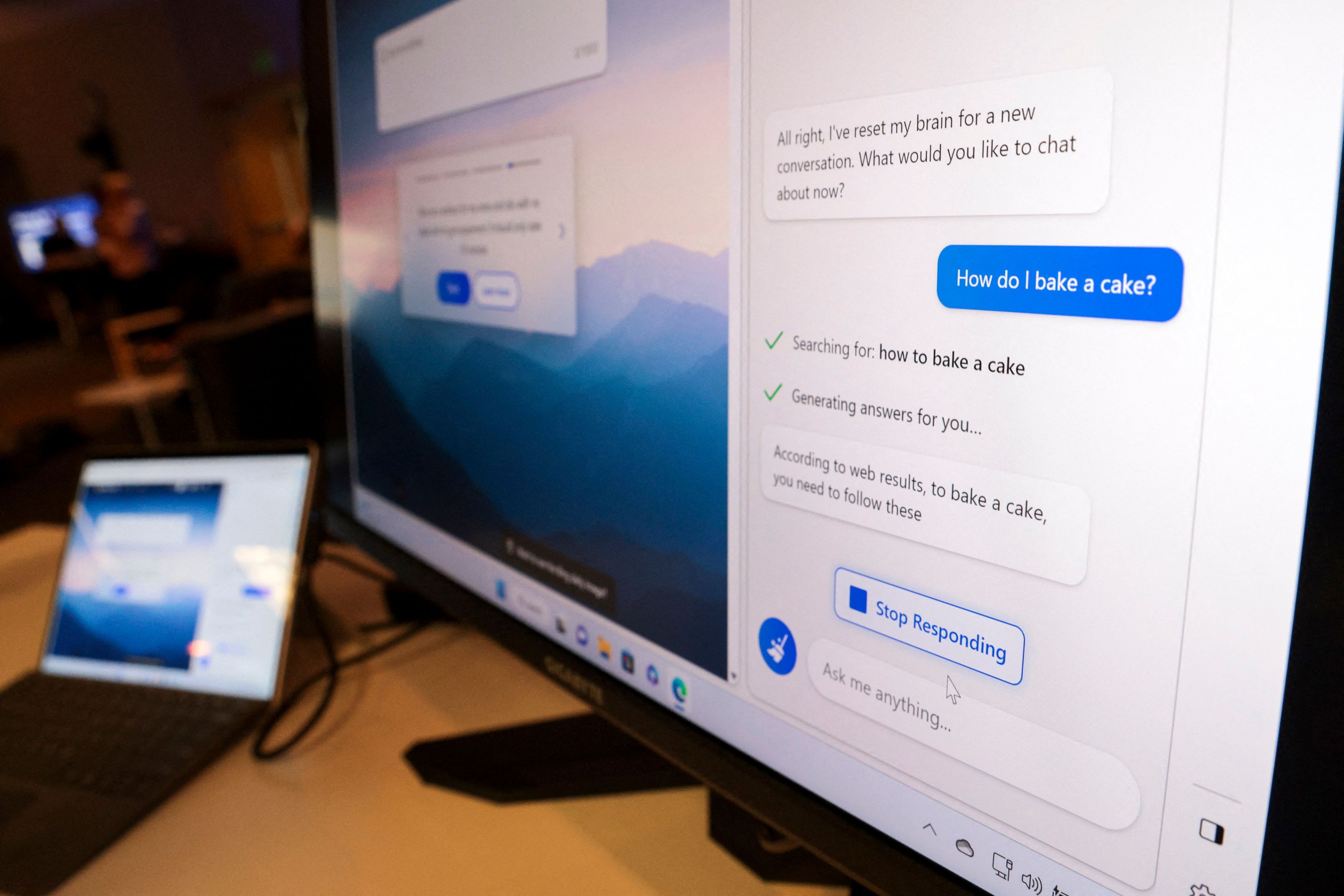 Microsoft Bing search engine in pictured on a monitor in the Bing Experience Lounge during an event introducing a new AI-powered Microsoft Bing and Edge at Microsoft in Redmond, Washington on February 7, 2023. (JASON REDMOND—AFP/Getty Images)