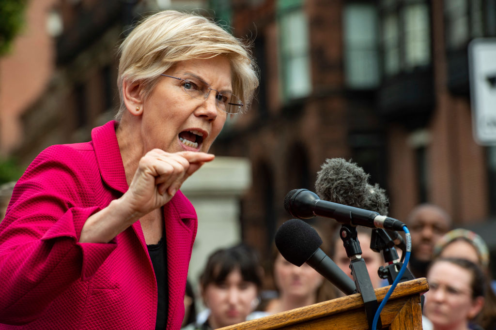 Senator Elizabeth Warren speaks at a rally in protest on abortion rights at the Massachusetts State House in Boston, Mass. on June 24, 2022. (Joseph Prezioso—AFP via Getty Images)