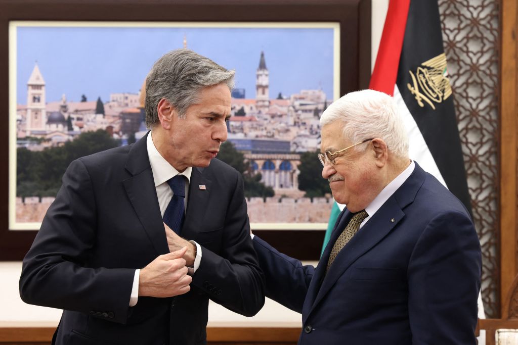 Palestinian President Mahmud Abbas welcomes U.S. Secretary of State Antony Blinken in Ramallah in the occupied West Bank, on January 31, 2023. (Ronaldo Schemidt—AFP/Getty Images)