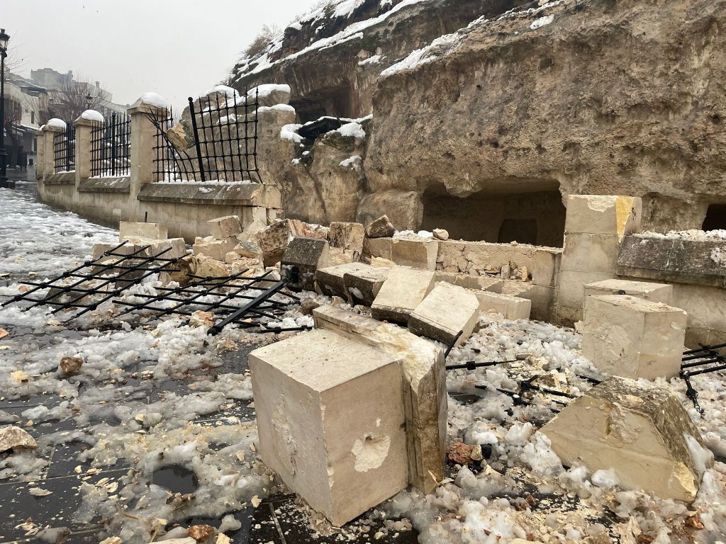 The historical landmark Gaziantep Castle was damaged after a powerful earthquake hit Turkey on Feb. 6, 2023. (Mehmet Akif Parlak—Anadolu Agency/Getty Images)