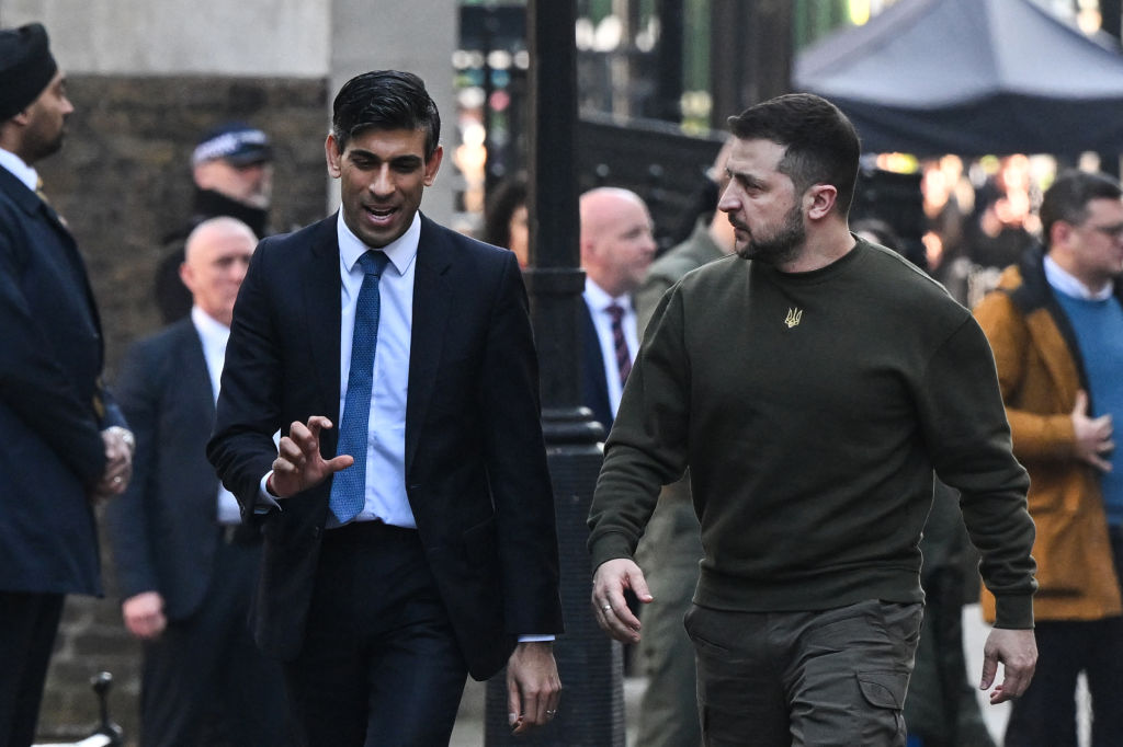 Ukraine's President Volodymyr Zelensky arrives with Britain's Prime Minister Rishi Sunak at 10 Downing Street in central London on Feb. 8, 2023.TALLIS/AFP via Getty Images) (Justin Tallis—AFP via Getty Images)