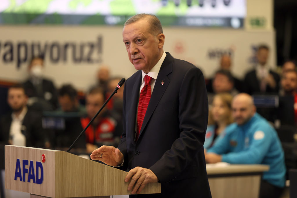 ANKARA, TURKIYE - FEBRUARY 14: Turkish President Recep Tayyip Erdogan makes statements atAFAD headquarters in Ankara, Turkiye on February 14, 2023. (Halil Sagirkaya—Anadolu Agency/Getty Images)