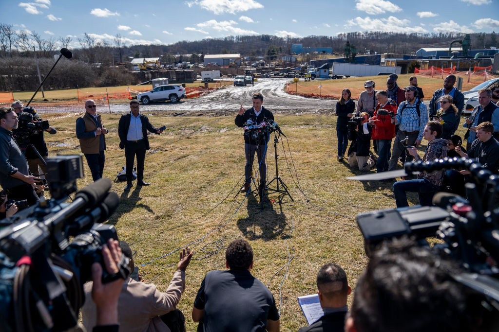 U.S. Transportation Secretary Pete Buttigieg delivers remarks to the press as he visited the site of the Norfolk Southern train derailment on February 23, 2023 in East Palestine, Ohio. (Michael Swensen—Getty Images)
