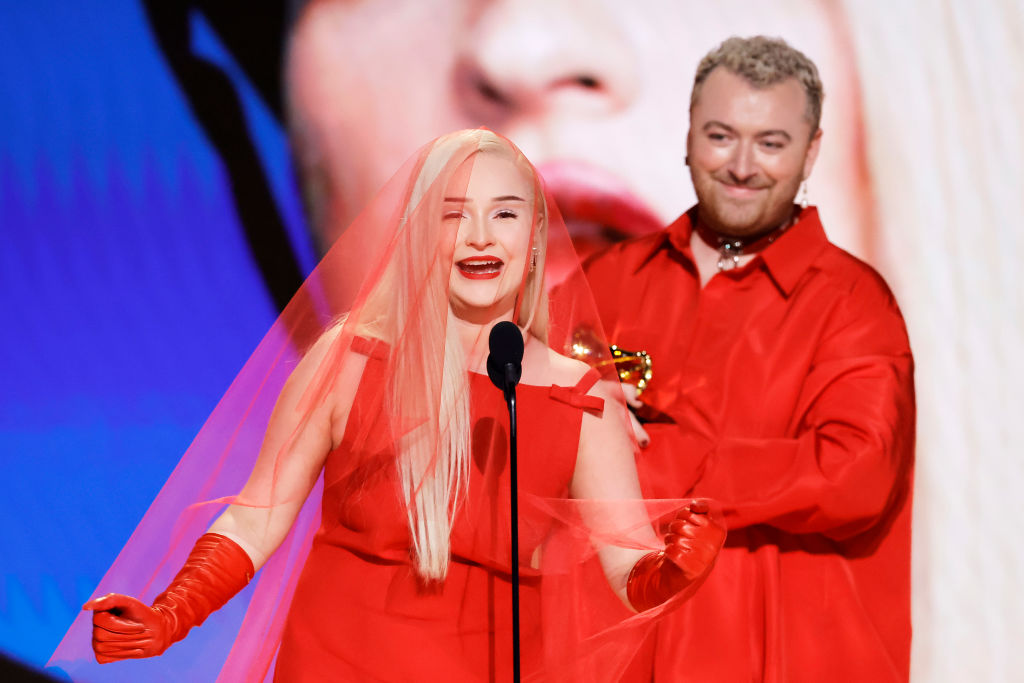 Kim Petras and Sam Smith accept the Grammy for Best Pop Duo/Group Performance for “Unholy” on Feb. 05, 2023 (Kevin Winter/Getty Images for The Recording Academy)