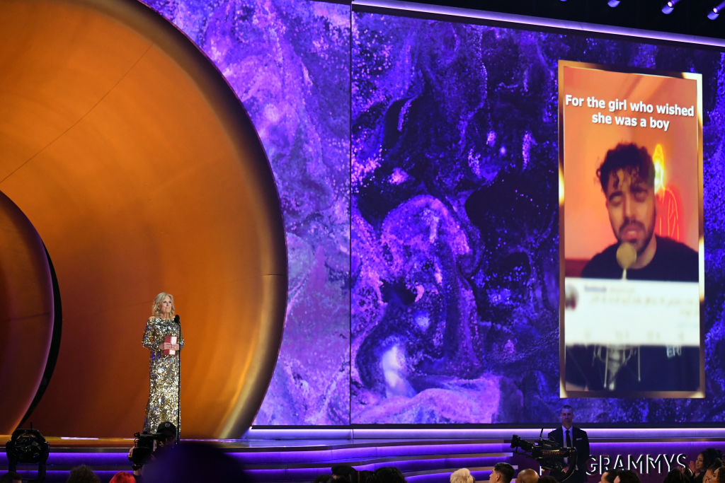 First Lady of the United States Dr. Jill Biden announces the "Best Song For Social Change" award to Shervin Hajipour for "Baraye"  onstage during the 65th Grammy Awards at Crypto.com Arena on Feb. 5, 2023 in Los Angeles, California. (JC Olivera—WireImage via Getty Images)