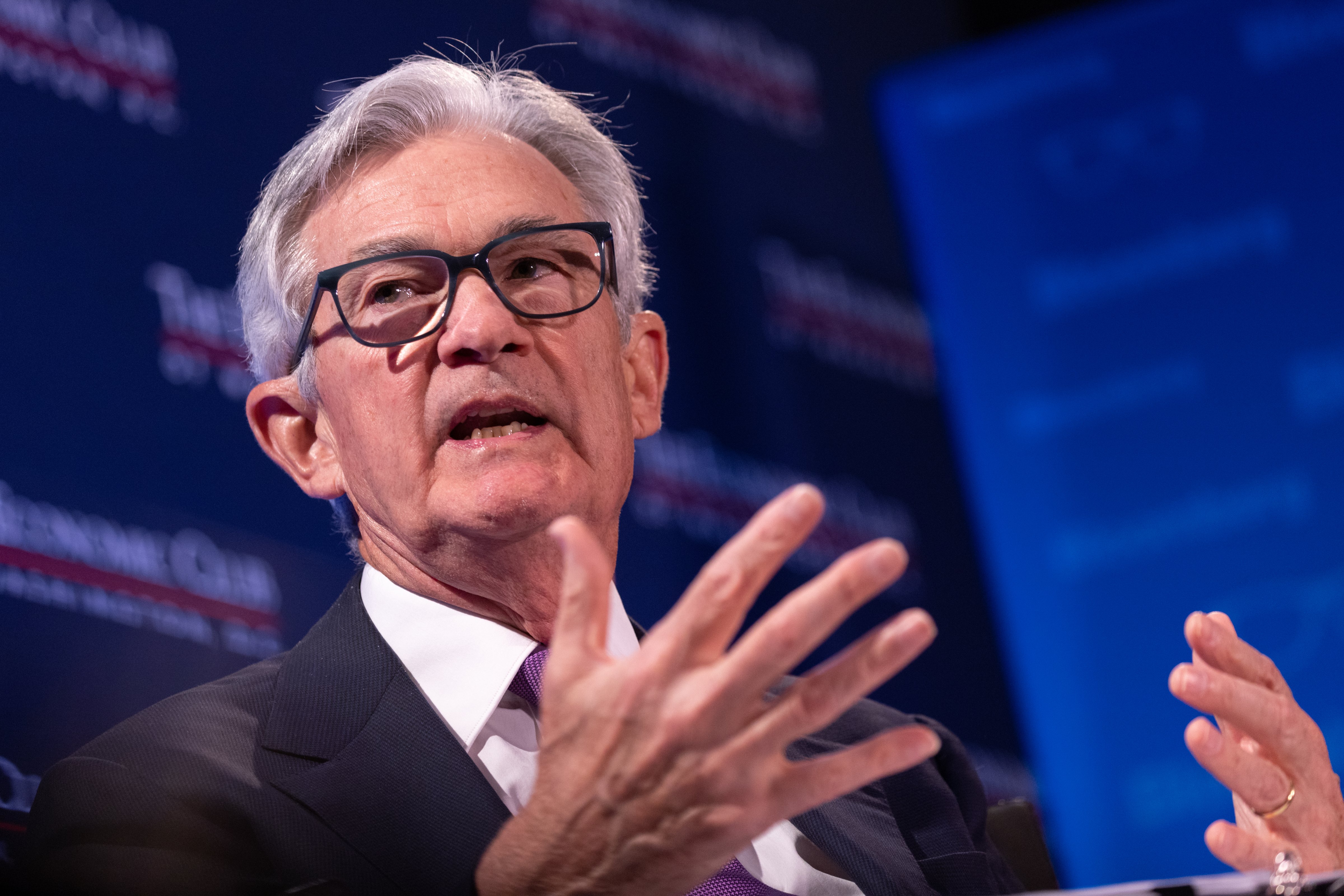 Federal Reserve Board Chairman Jerome Powell speaks during an interview by David Rubenstein, Chairman of the Economic Club of Washington, D.C., at the Renaissance Hotel on February 7, 2023 in Washington, DC. (Julia Nikhinson–Getty Images)