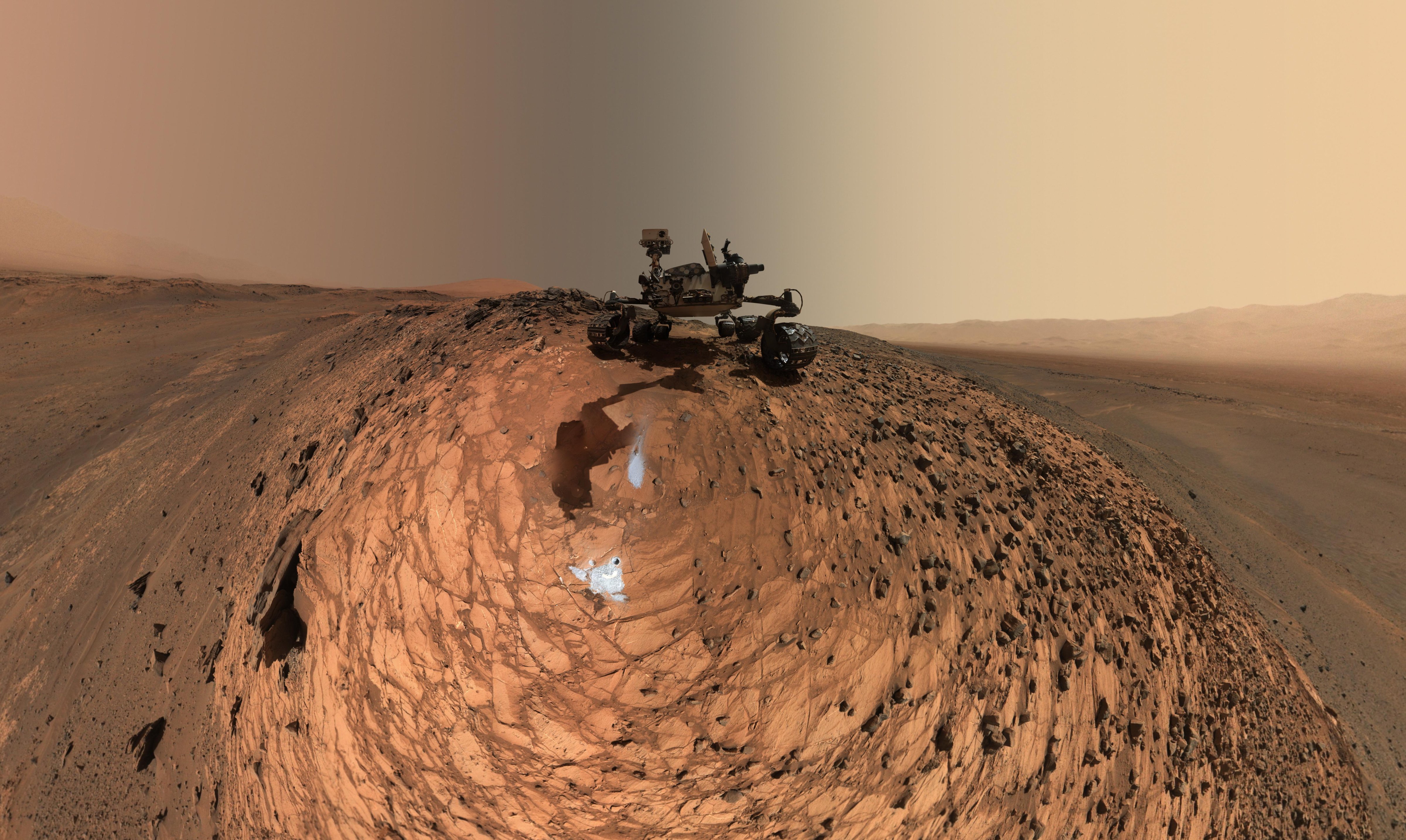 This low-angle self-portrait of NASA's Curiosity Mars rover shows the vehicle above the 'Buckskin' rock on lower Mount Sharp