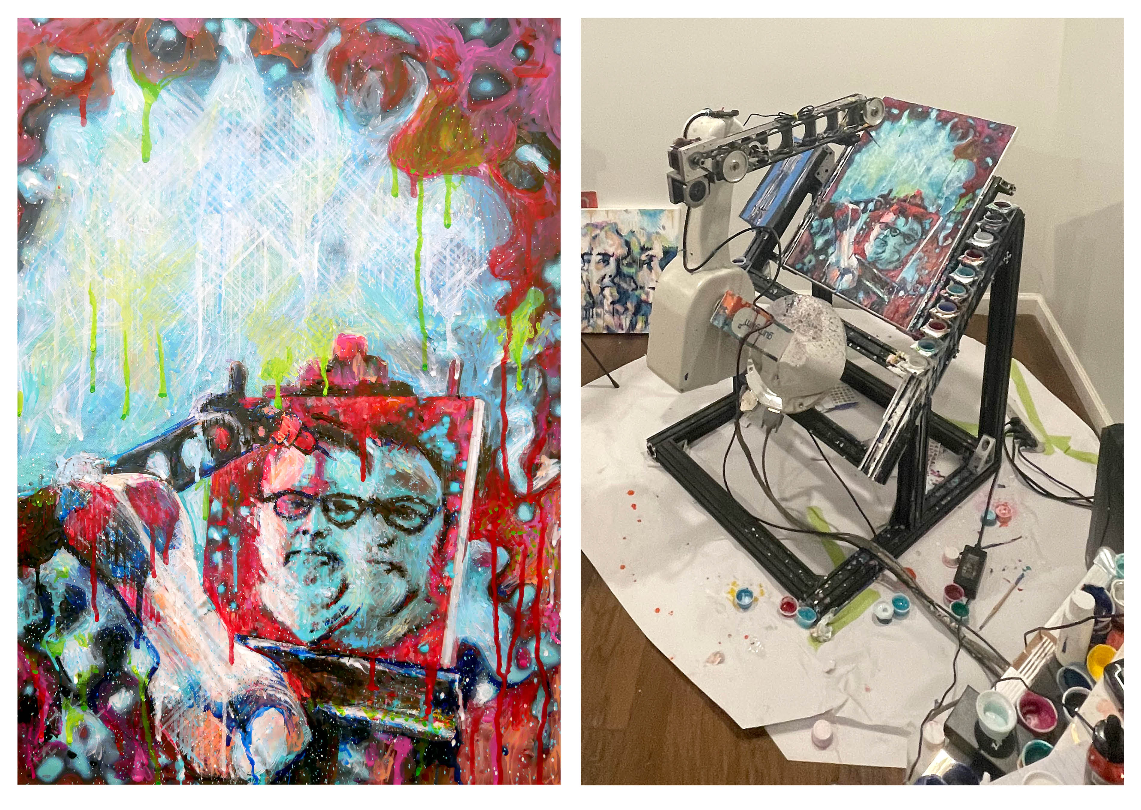 Pindar Van Arman and his robot's self-portrait (L), and a behind-the-scenes snapshot (R) (Artwork by Pindar Van Arman and his AI robot)