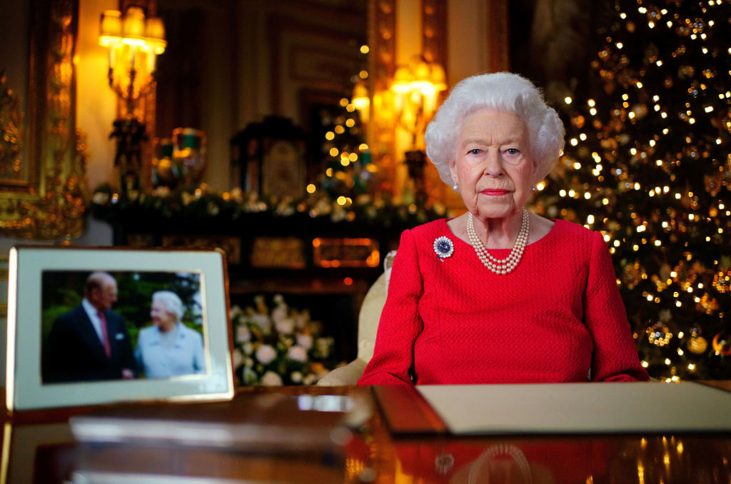 Queen Elizabeth II records her annual Christmas broadcast in the White Drawing Room in Windsor Castle, Berkshire. Issue date: Saturday December 25, 2021. (Victoria Jones–PA Images/Getty Images)