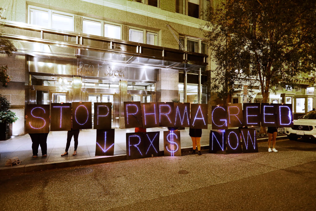 Protect Our Care sponsors Lite-Brite demonstration outside of PhRMA’s headquarters calling for an end to drug company greed on Sept. 28, 2021 in Washington, DC. (Paul Morigi—Getty Images for Protect Our Care)