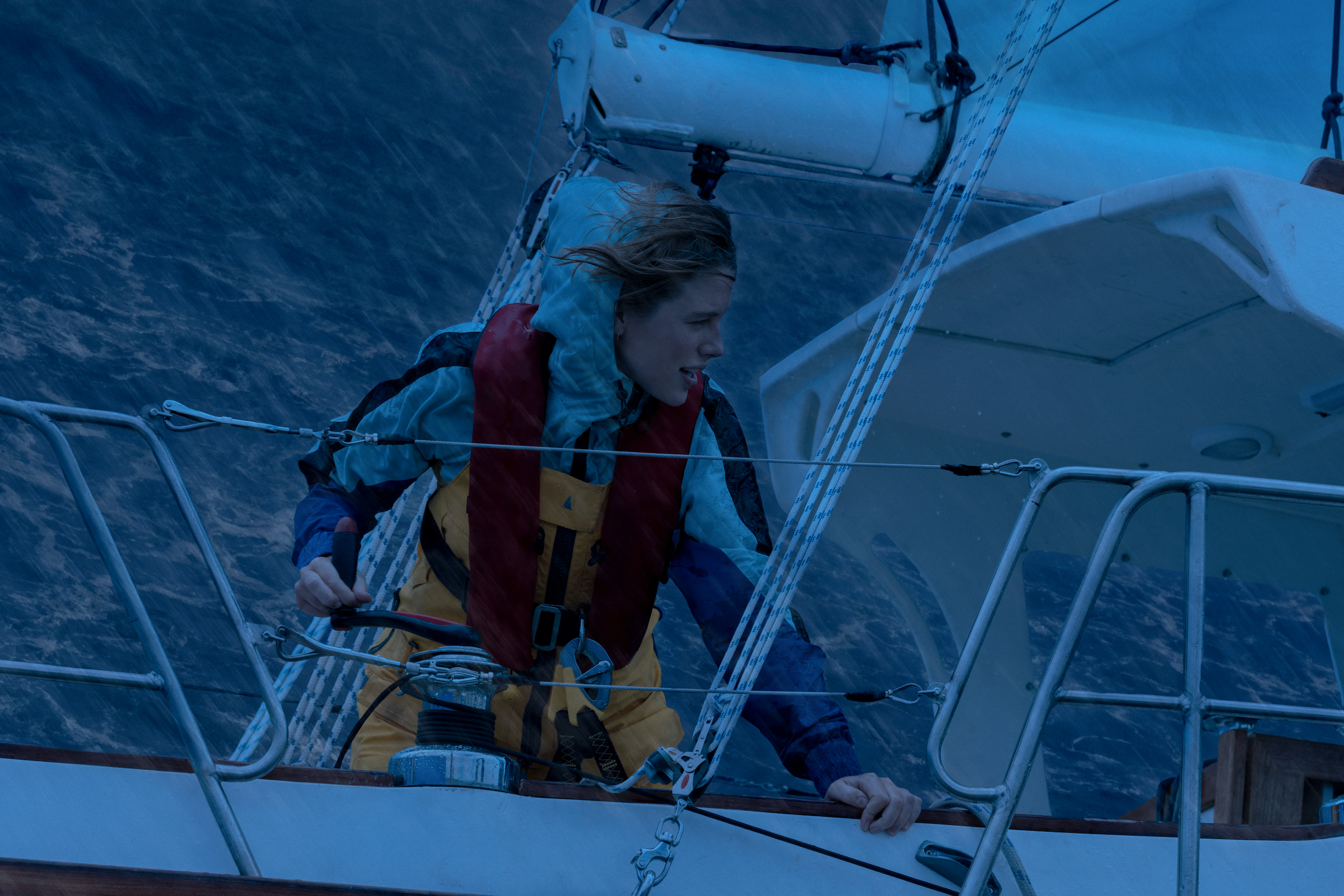Croft, as Watson, facing threatening seas (Julian Panetta/Netflix)