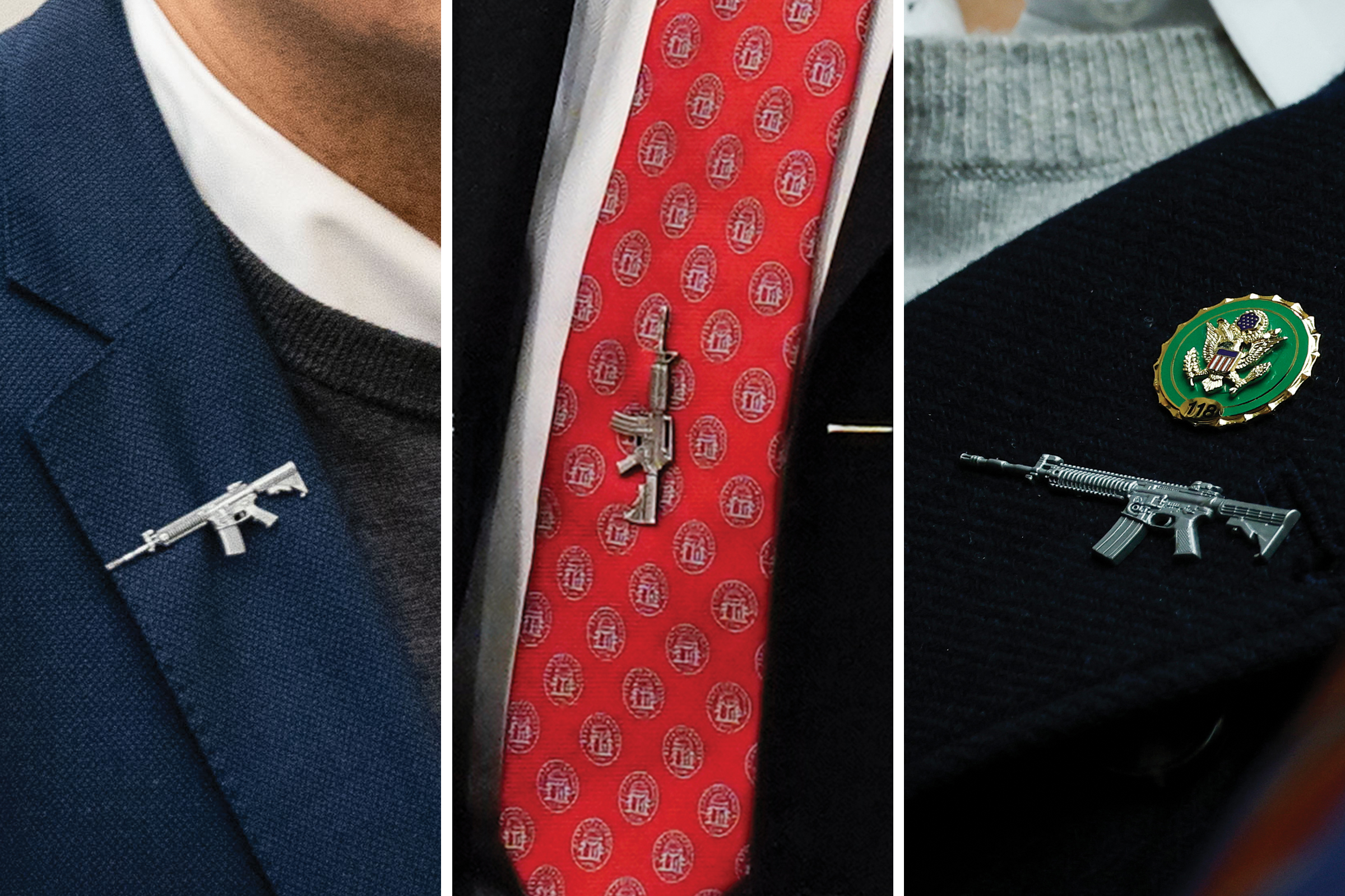 Republicans have been seen wearing AR-15 pins to show their support for the Second Amendment. (L: Kent Nishimura—Los Angeles Times/Getty Images; C: Alex Brandon—AP; R: Anna Moneymaker—Getty Images)