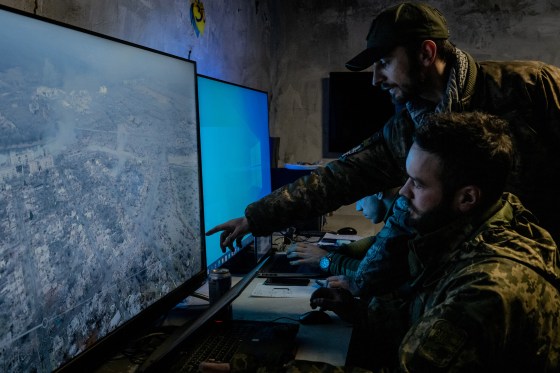 Ukrainian analysts review drone operators' footage near Bakhmut, Ukraine, on Jan. 6, 2023.