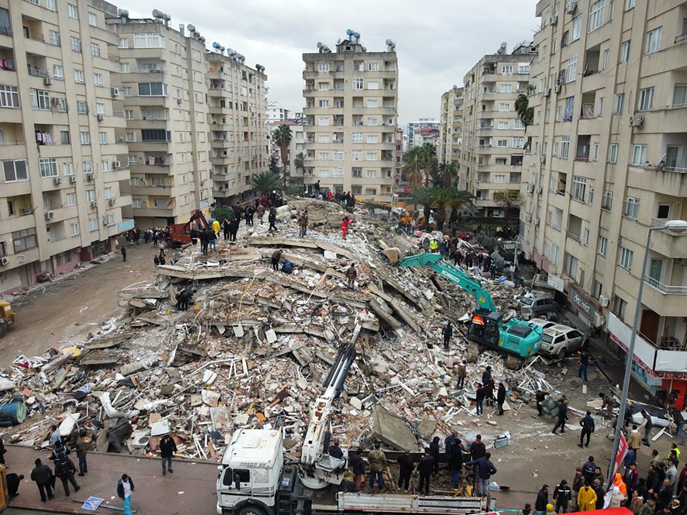 An aerial view of debris of a collapsed building in Osmaniye, Turkey. (Muzaffer Cagliyaner—Anadolu Agency/Getty Images)
