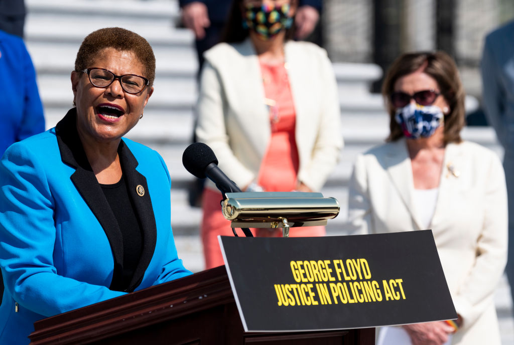Congressional Black Caucus Chair Rep. Karen Bass, D-Calif., speaks as then-Speaker of the House Nancy Pelosi, D-Calif., and House Democrats gather for a press event on the House steps ahead of the vote on the George Floyd Justice in Policing Act of 2020 on June 25, 2020. (Bill Clark/CQ-Roll Call, Inc—Getty Images)