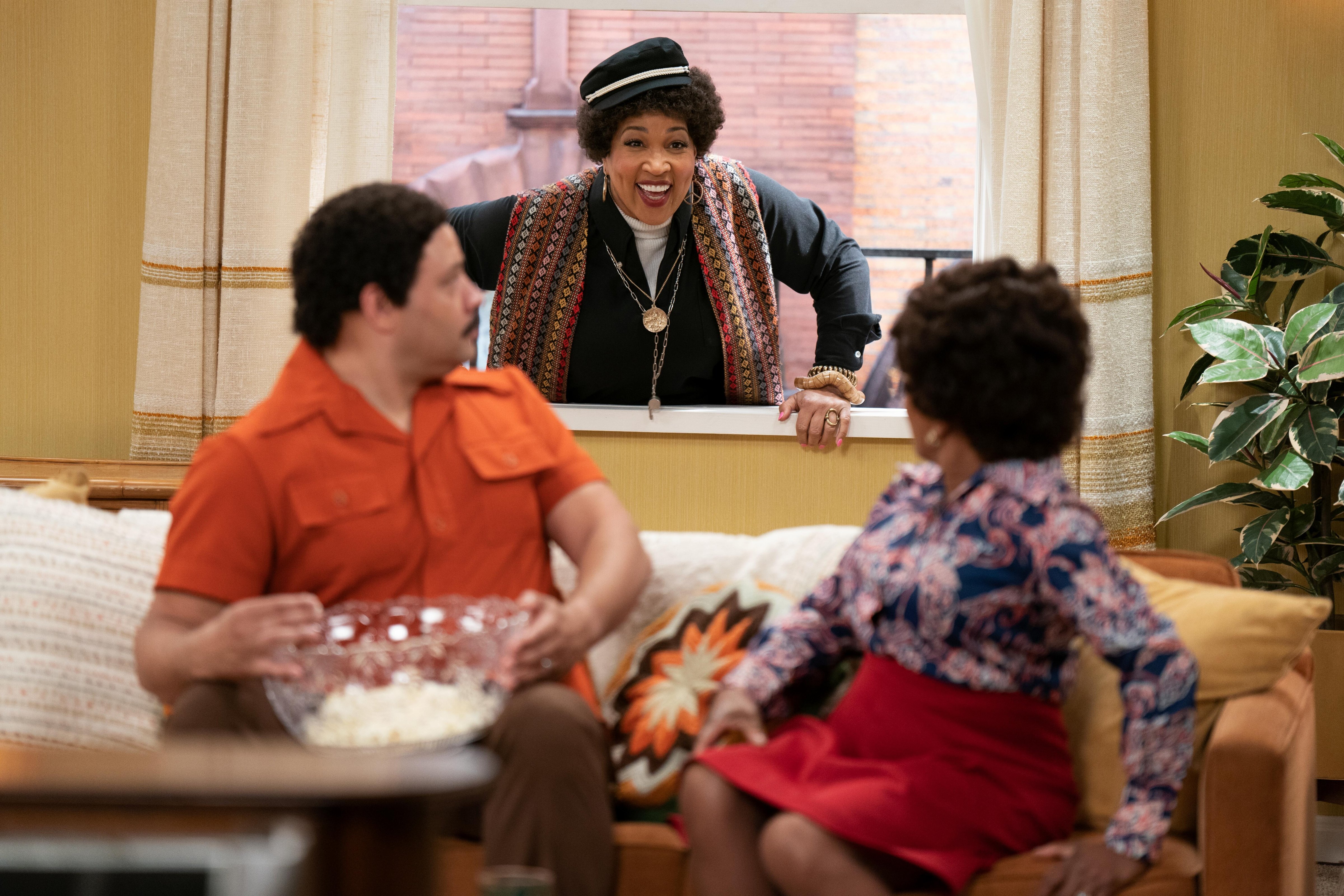 From left: Colton Dunn, Kym Whitley, and Wanda Sykes in <i>History of the World, Part II</i> (Tyler Golden—Hulu)