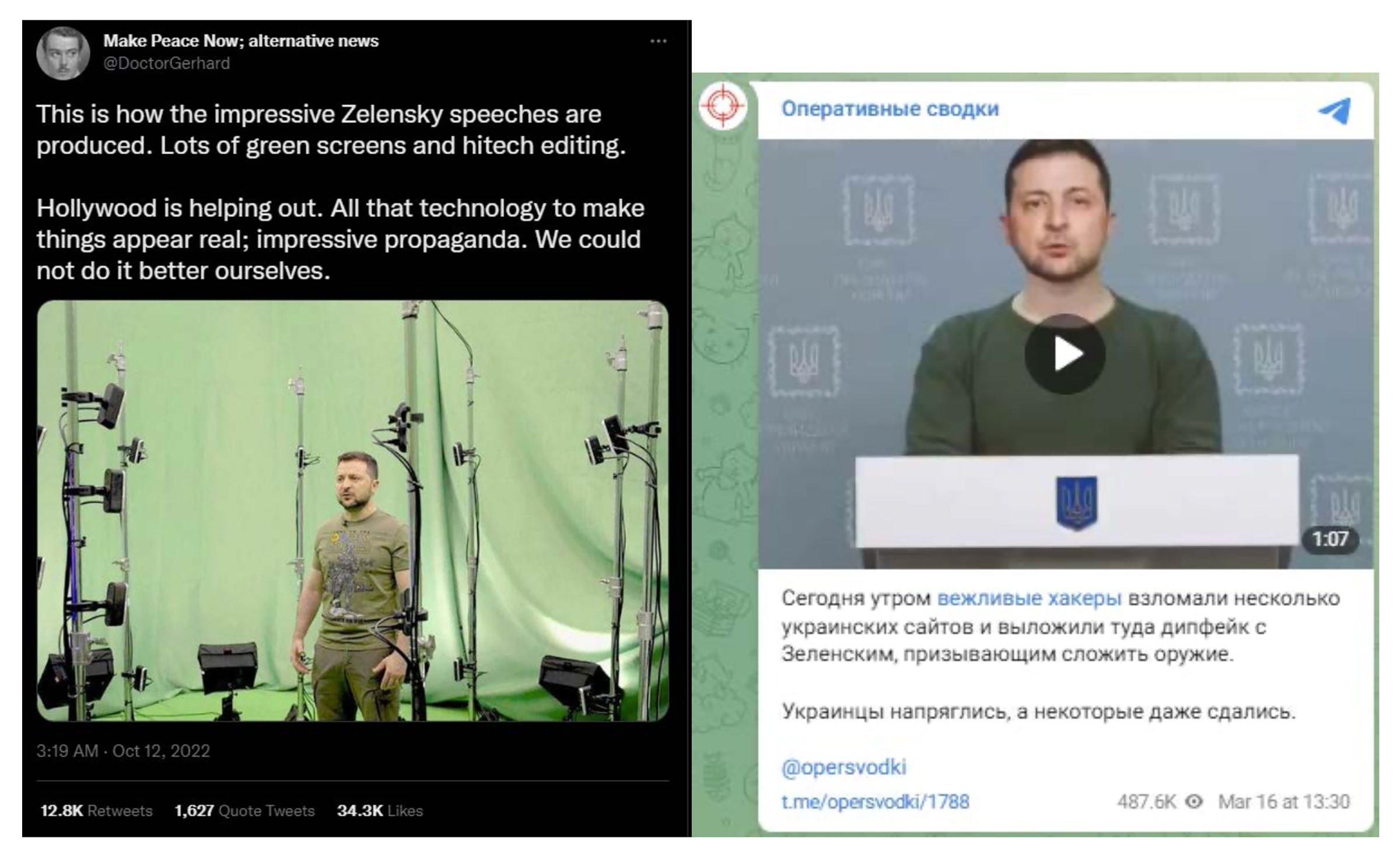 This screenshot from report "Undermining Ukraine: How the Kremlin Employs Information Operations to Erode Global Confidence in Ukraine" shows examples of conspiracy theories claiming Zelensky left Ukraine. (Digital Forensic Research Lab)