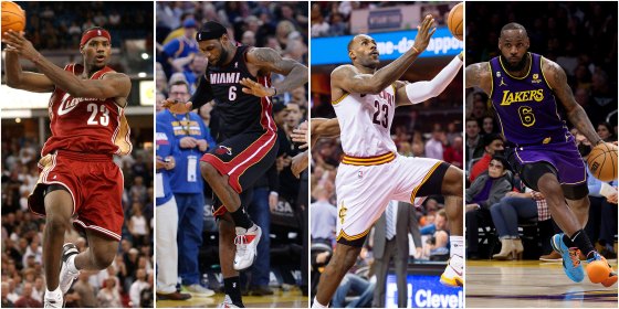 four images of LeBron James playing for the Cleveland Cavaliers, Miami Heat, and Los Angeles Lakers