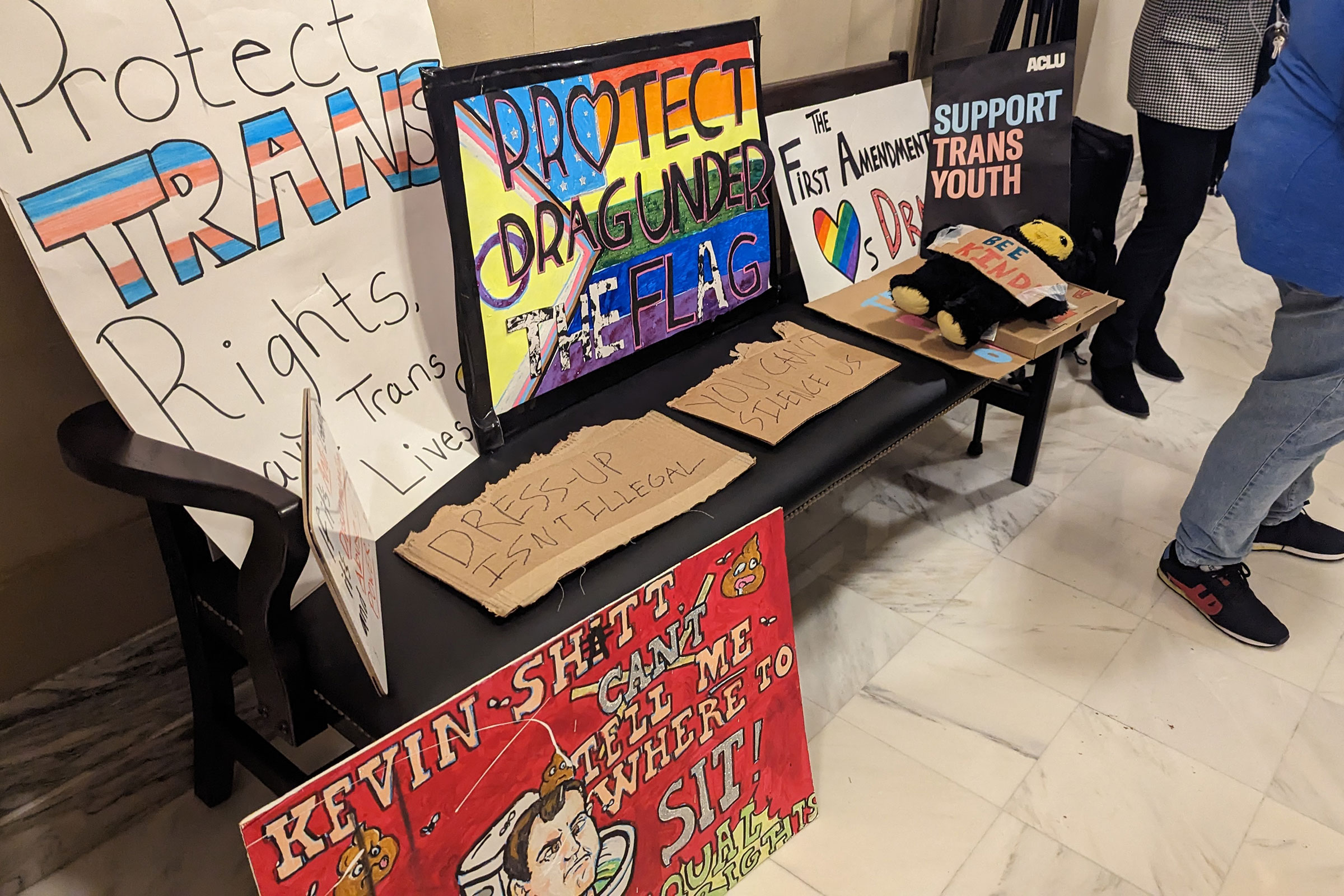 Posters made in support of drag performers and transgender rights are set up in the Oklahoma Capitol building, in Oklahoma City, Okla. on Feb. 22, 2023. (Courtesy of Freedom Oklahoma)