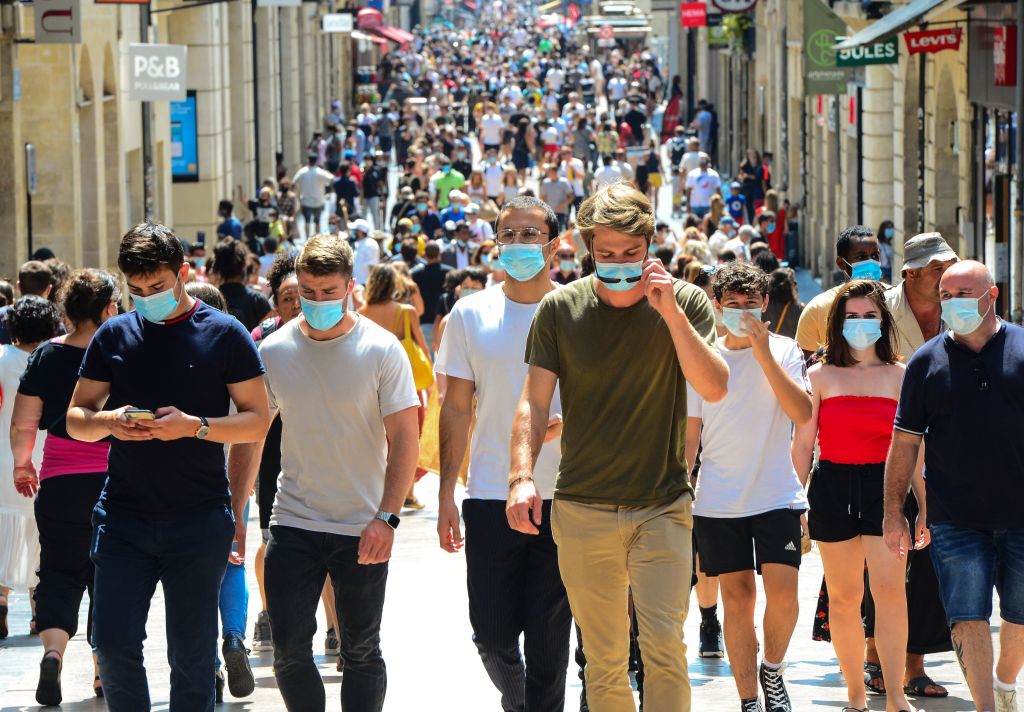 People wearing masks in Bordeaux, France on Aug. 15, 2020. (Mehdi Fedouach/AFP—Getty Images)