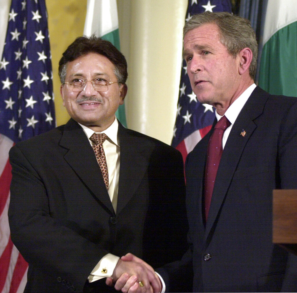 Then U.S. President George W. Bush, right, shakes hands with then Pakistani President Pervez Musharraf at a news conference at New York's Waldorf - Astoria Hotel, on Nov. 10, 2001. (Ed Bailey—AP Photo)