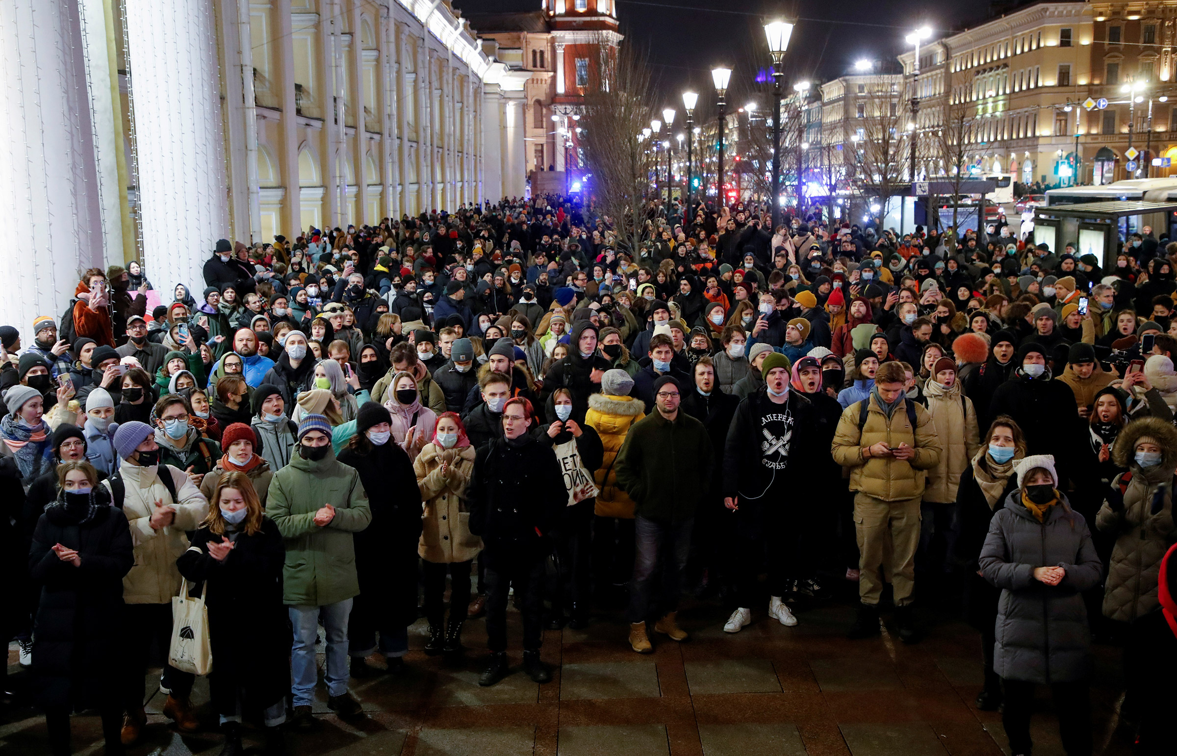 People attend an anti-war protest in Saint Petersburg, Russia, on Feb. 24, 2022 after Russian President Vladimir Putin authorized a military operation in Ukraine. (Anton Vaganov—Reuters)