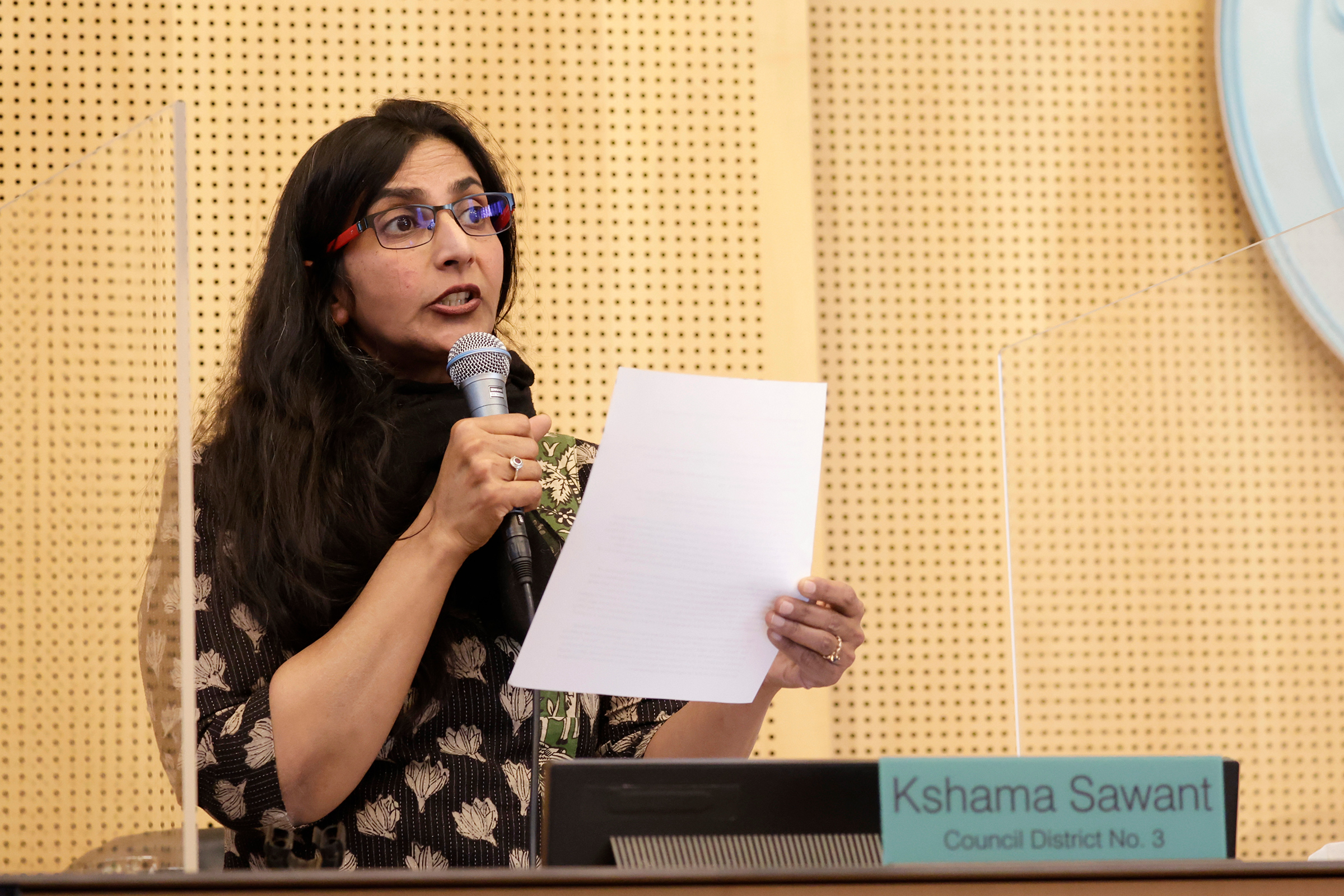 Councilmember Kshama Sawant speaks about her proposed ordinance to outlaw caste discrimination during a public hearing in the Seattle City Council chambers on Feb. 21. (John Froschauer—AP)