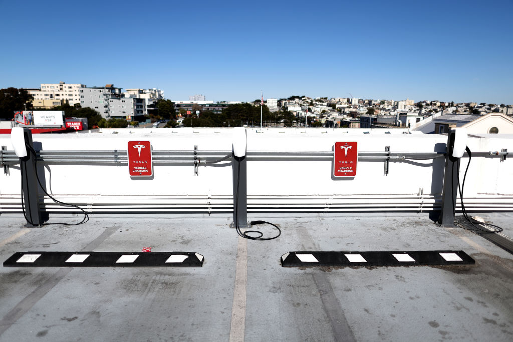 A Tesla Supercharger station on Feb.15, 2023 in San Francisco, Calif. (Justin Sullivan—Getty Images)