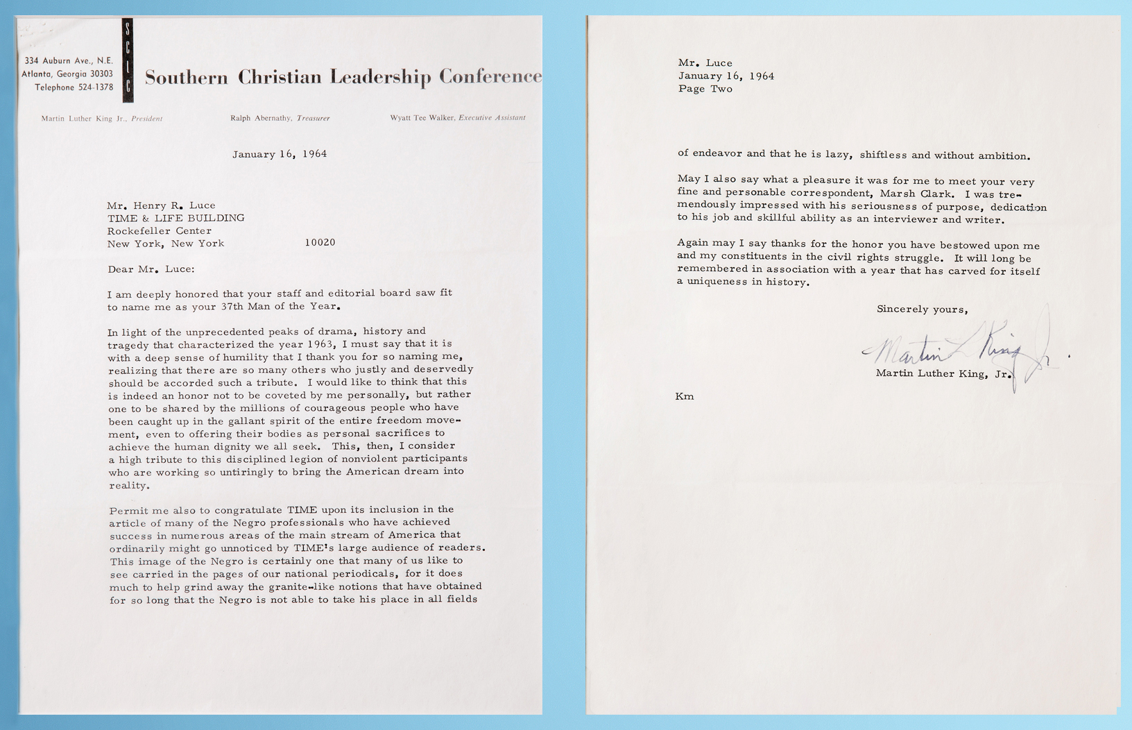 Martin Luther King, Jr. wrote this letter thanking Henry Luce for TIME's decision to name the civil rights leader as the Man of the Year in 1963. The March on Washington had just taken place that August, where Rev. King, TIME's first black Person of the Year, delivered the famous “I Have a Dream” speech.
