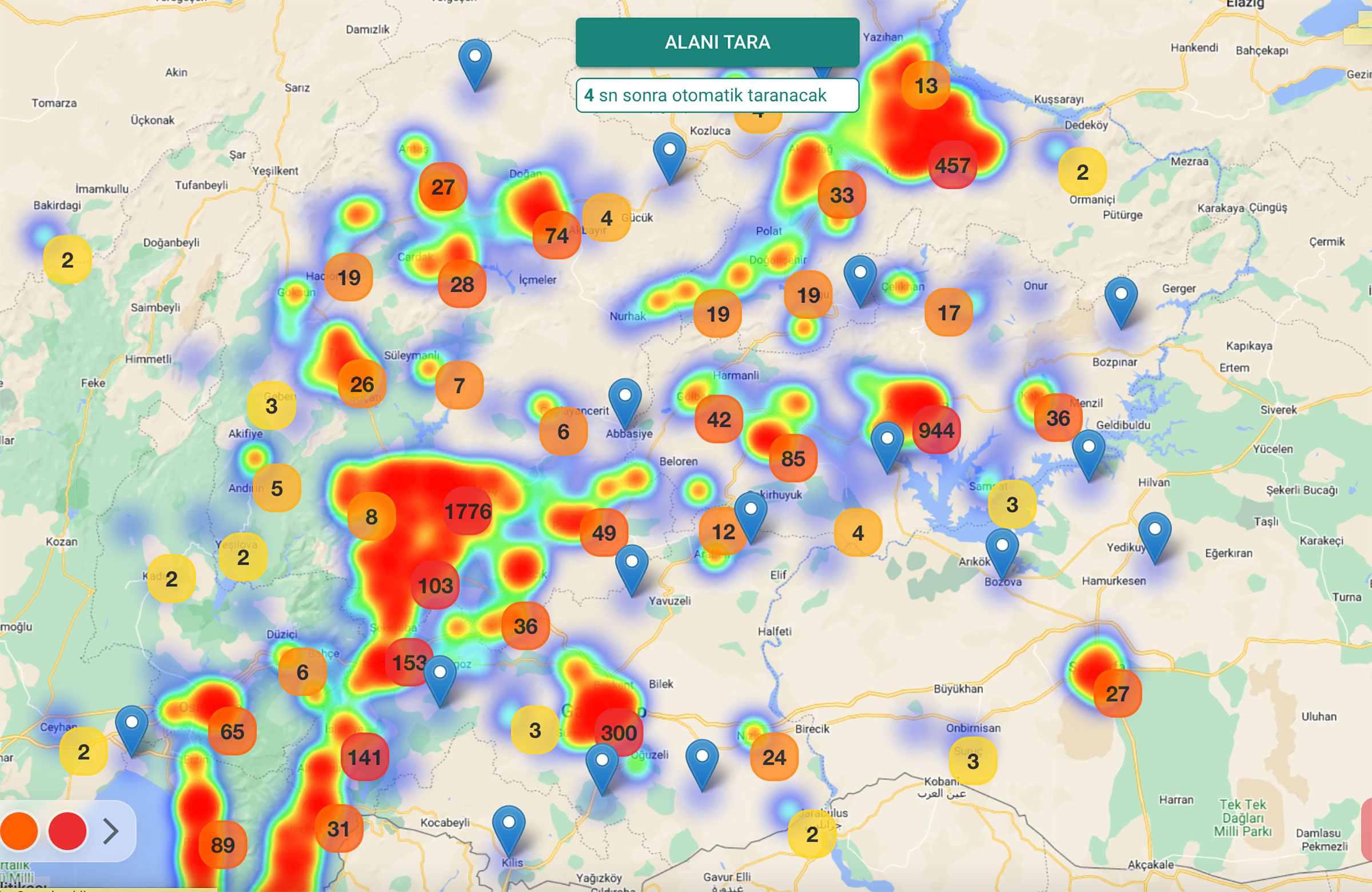 A heat map built from calls for help in areas struck by the earthquake in Turkey, scraped from social media data by the "Earthquake Help Project" (Earthquake Help Project)