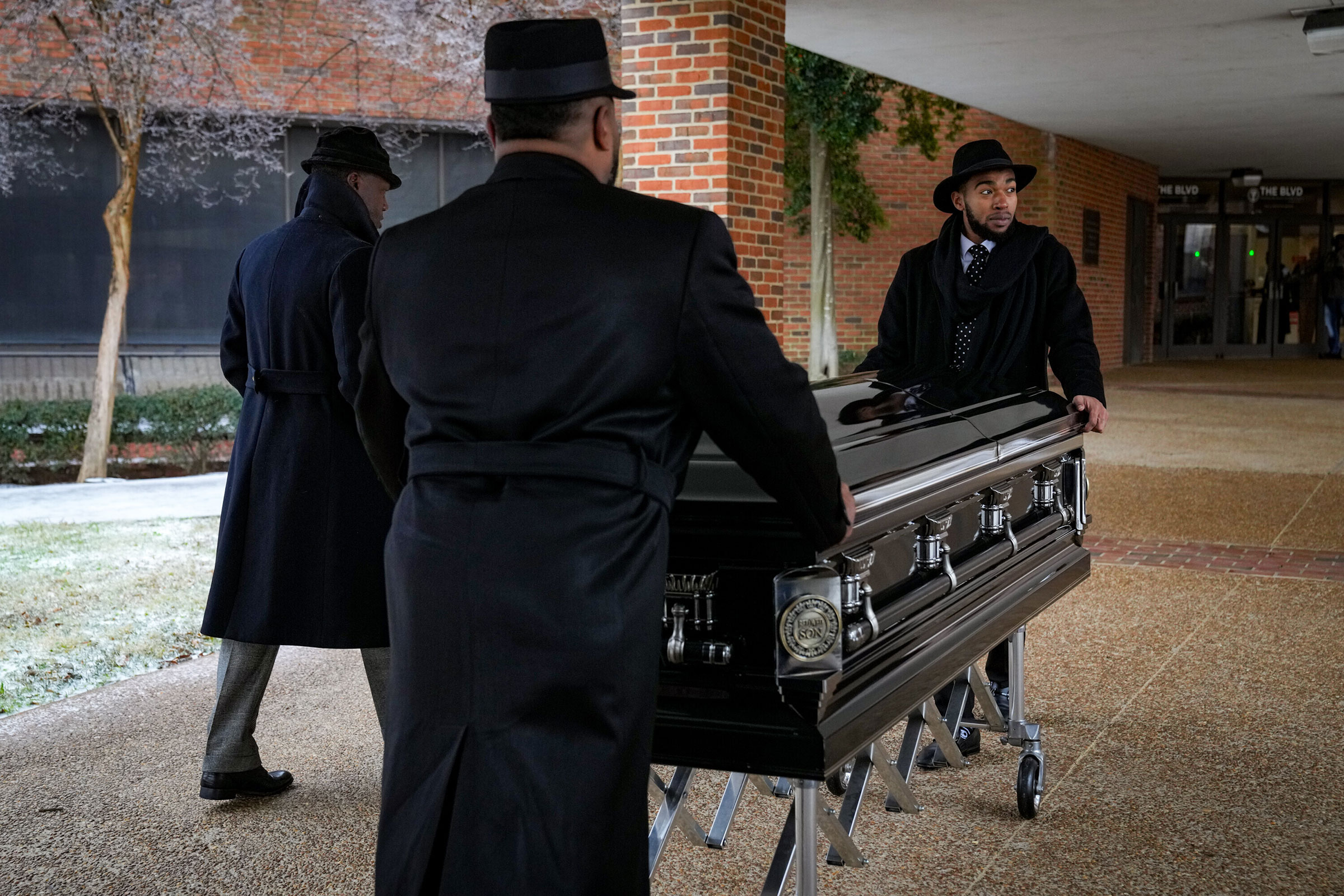The body of Tire Nichols, a 29-year-old black man who was fatally beaten by Memphis police officers, is wheeled into Mississippi Boulevard Christian Church in Memphis, Tennessee on February 1, 2023.  (Desiree Rios – The New York Times/Redux)