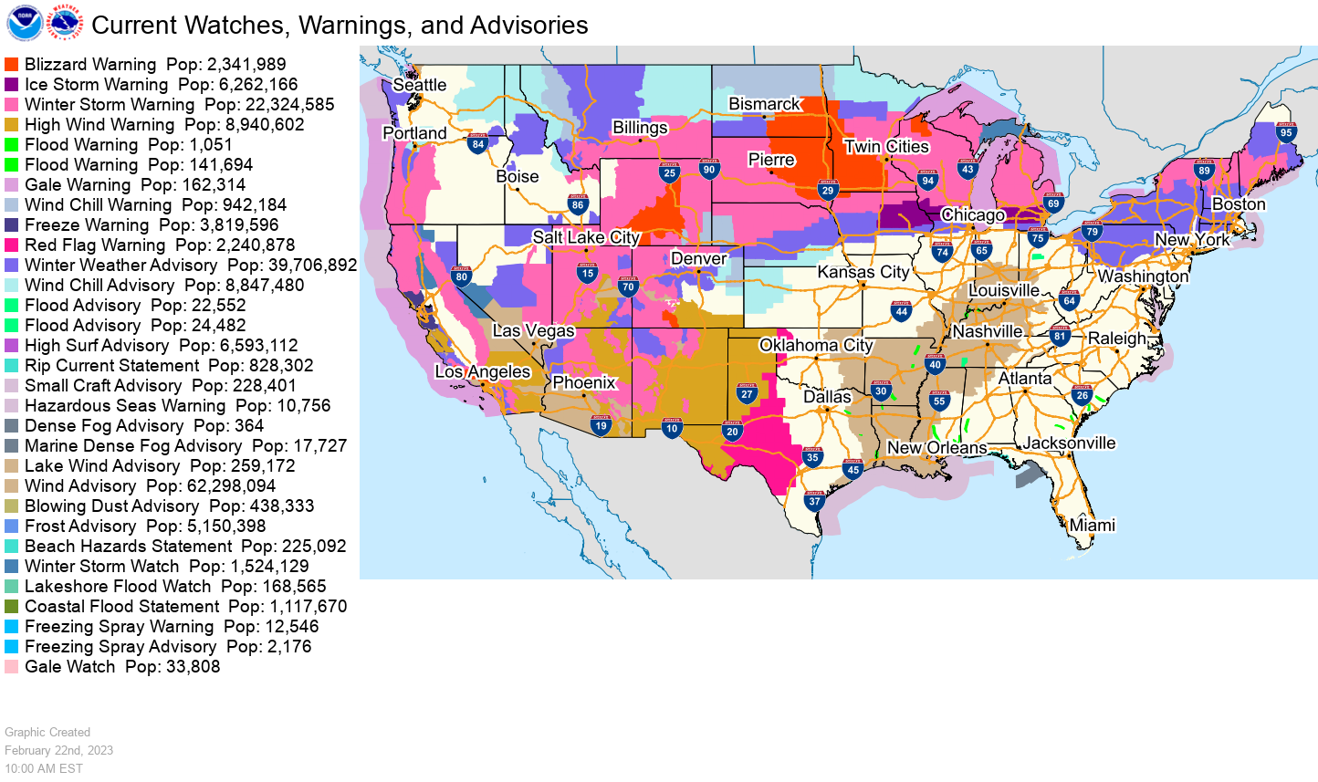 Some 20 million Americans were under winter storm advisories on Wednesday, Feb. 22, 2023. (National Weather Service)