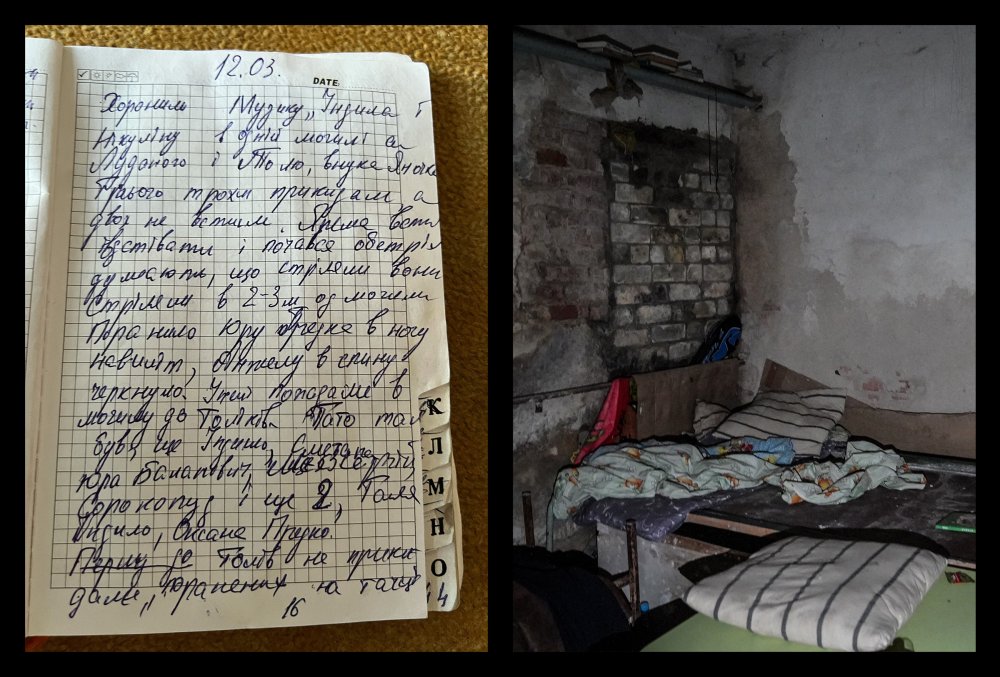 From left: Olha Meniailoâ€™s diary entry for the day of the funeral: â€œYarema managed to sing them off and the shelling began.â€; a corner of the school basement, photographed on May 12, 2022