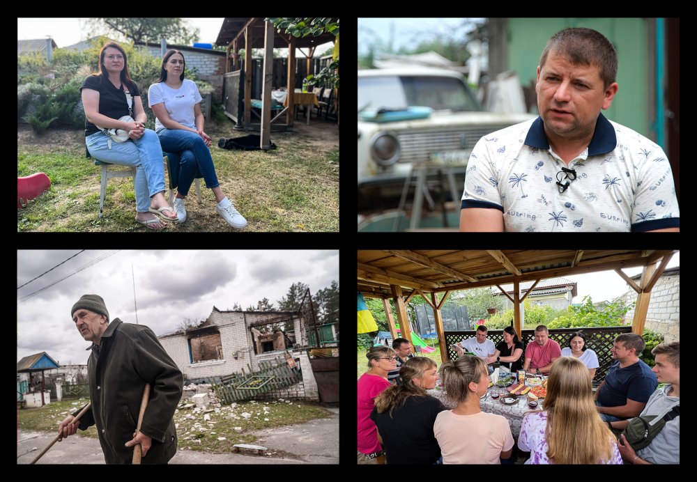 Clockwise from top-left: Lilia and Svitlana, back in Yahidne six months after emerging from the basement; Valeriy Polhui was told by a Russian officer, â€œYouâ€™ll be responsible for everyone.â€; a reunion meal hosted by Valeriyâ€™s family in Yahidne on Aug. 27, 2022; Russian troops killed one of Mykhailo Shevchenkoâ€™s sons; the other isâ€¯missing