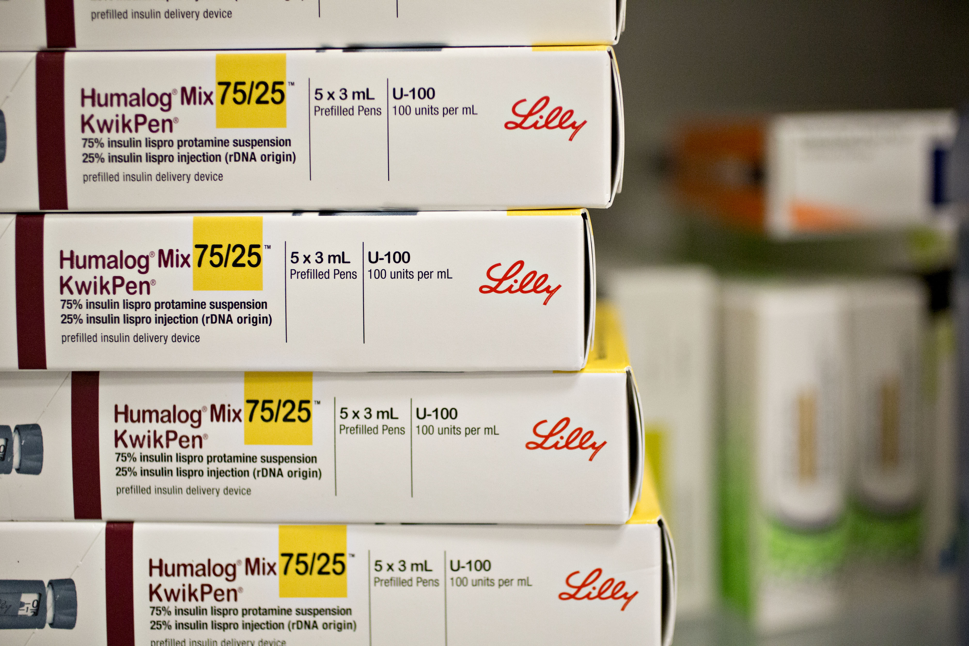 Boxes of Eli Lilly &amp; Co. Humalog brand kwikpen insulin delivery devices are arranged for a photograph at a pharmacy in Princeton, Illinois, U.S. (Daniel Acker–Bloomberg via Getty Images)